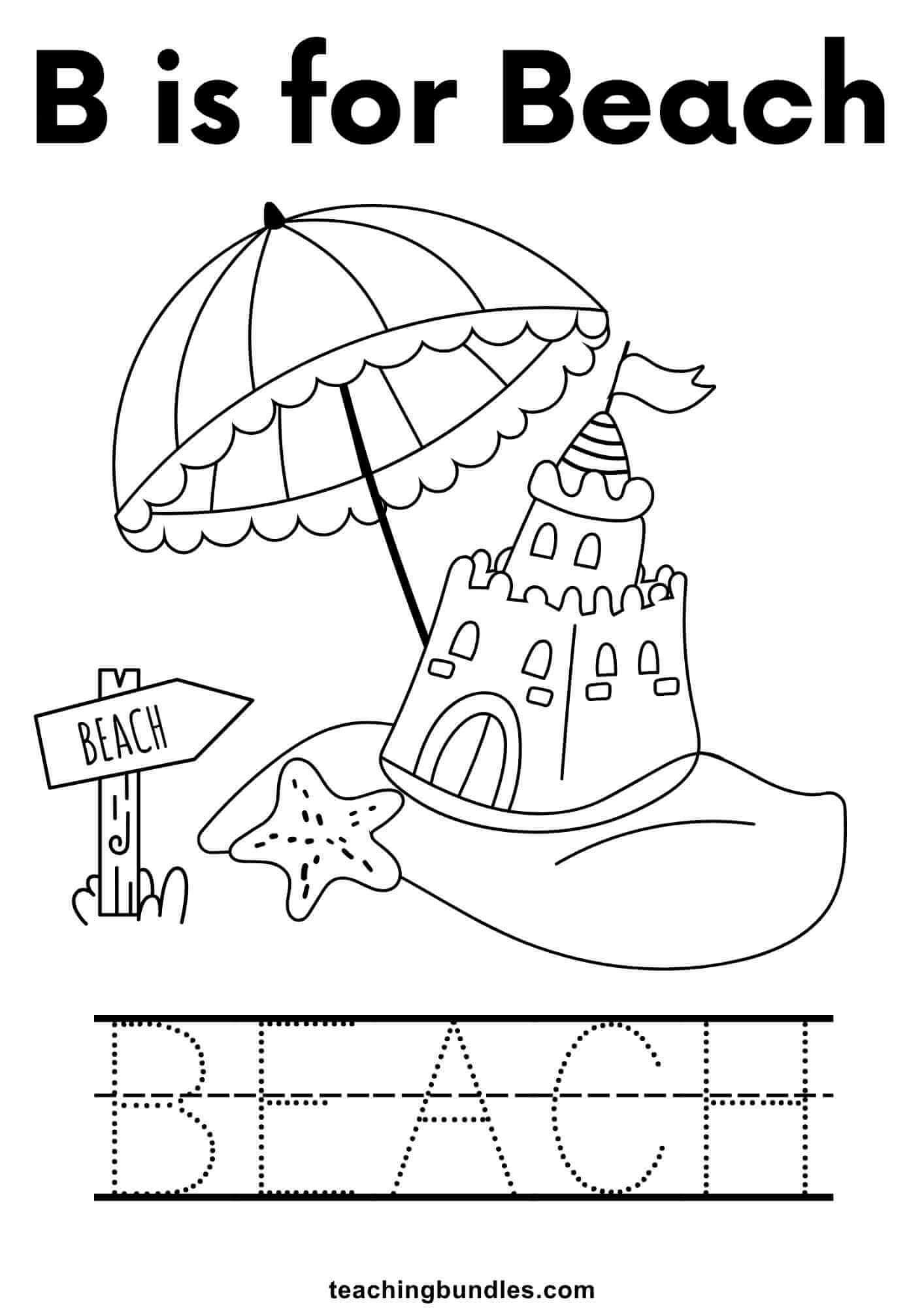 Beach Tracing and Coloring Page for Preschoolers