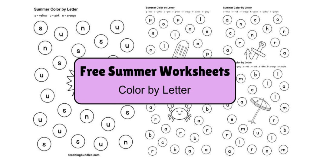 Summer color by letter activity worksheets for kids