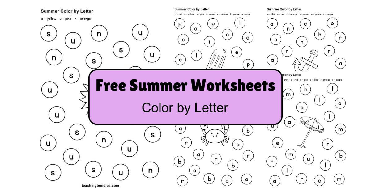 Summer color by letter activity worksheets for kids