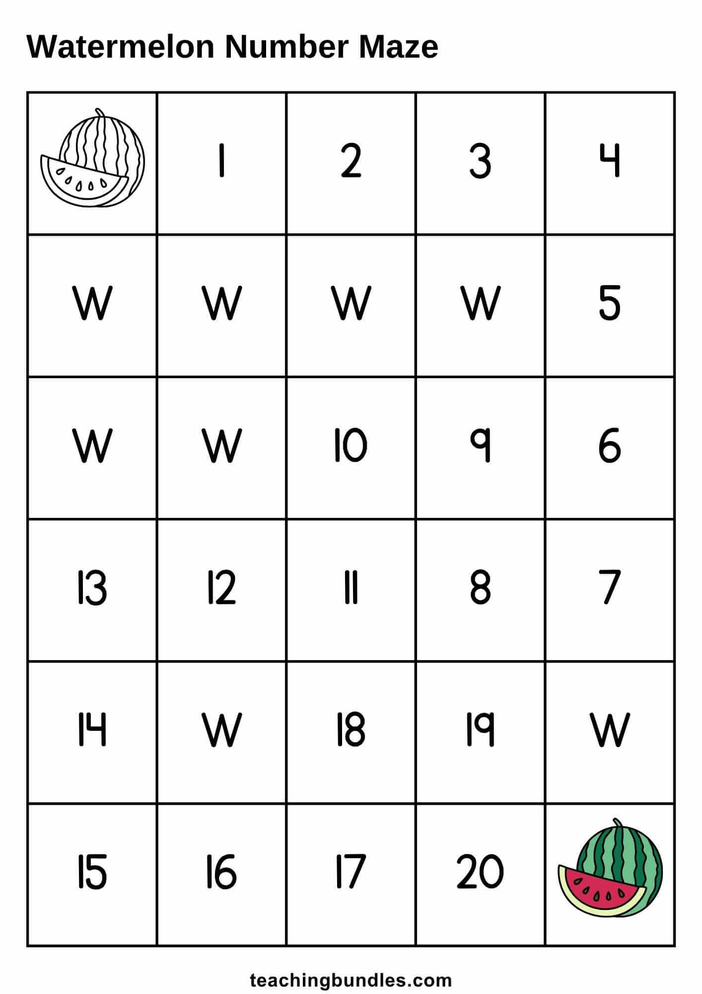 Watermelon maze with numbers 1–20