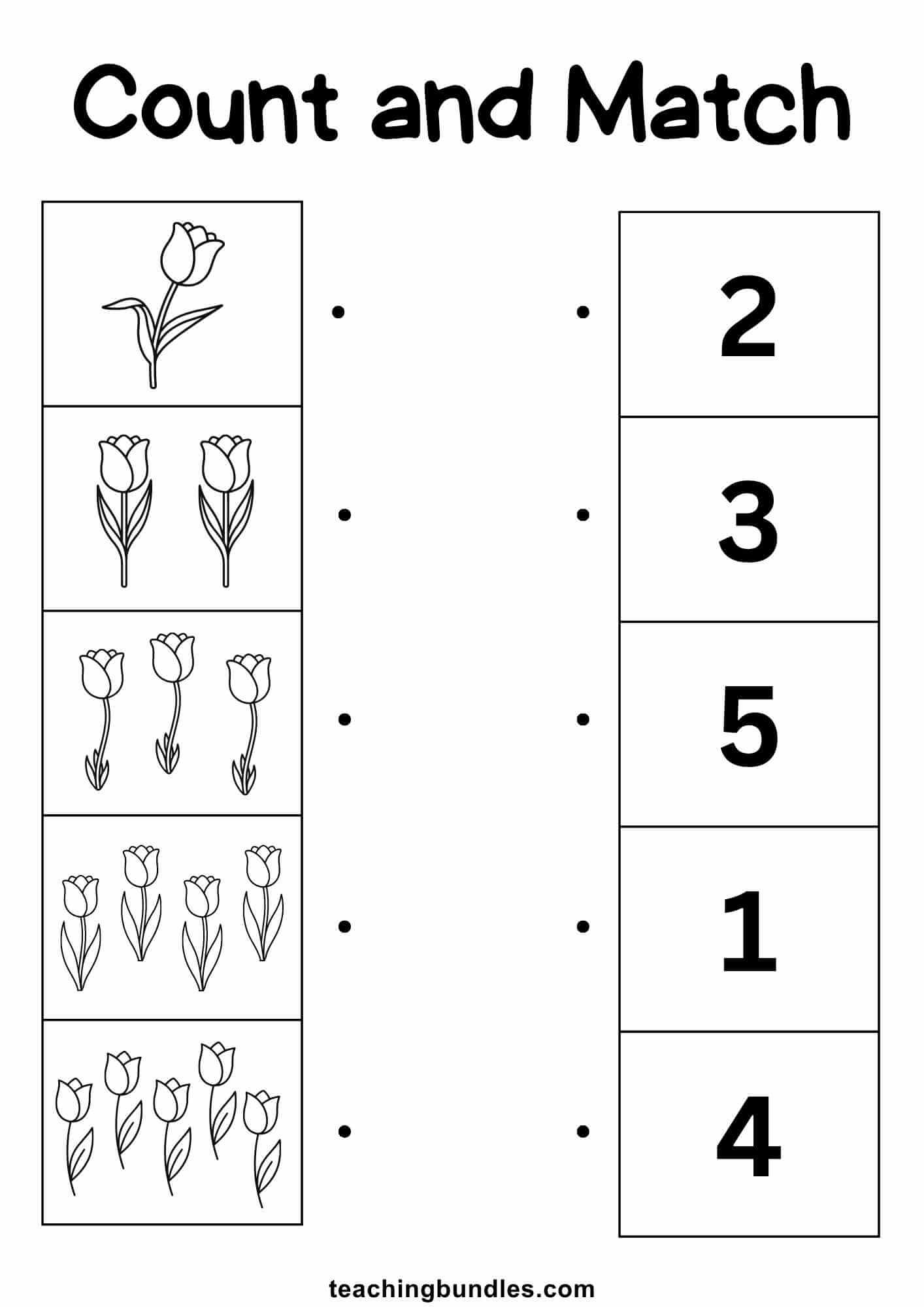 Tulip counting worksheet with numbers 1–5