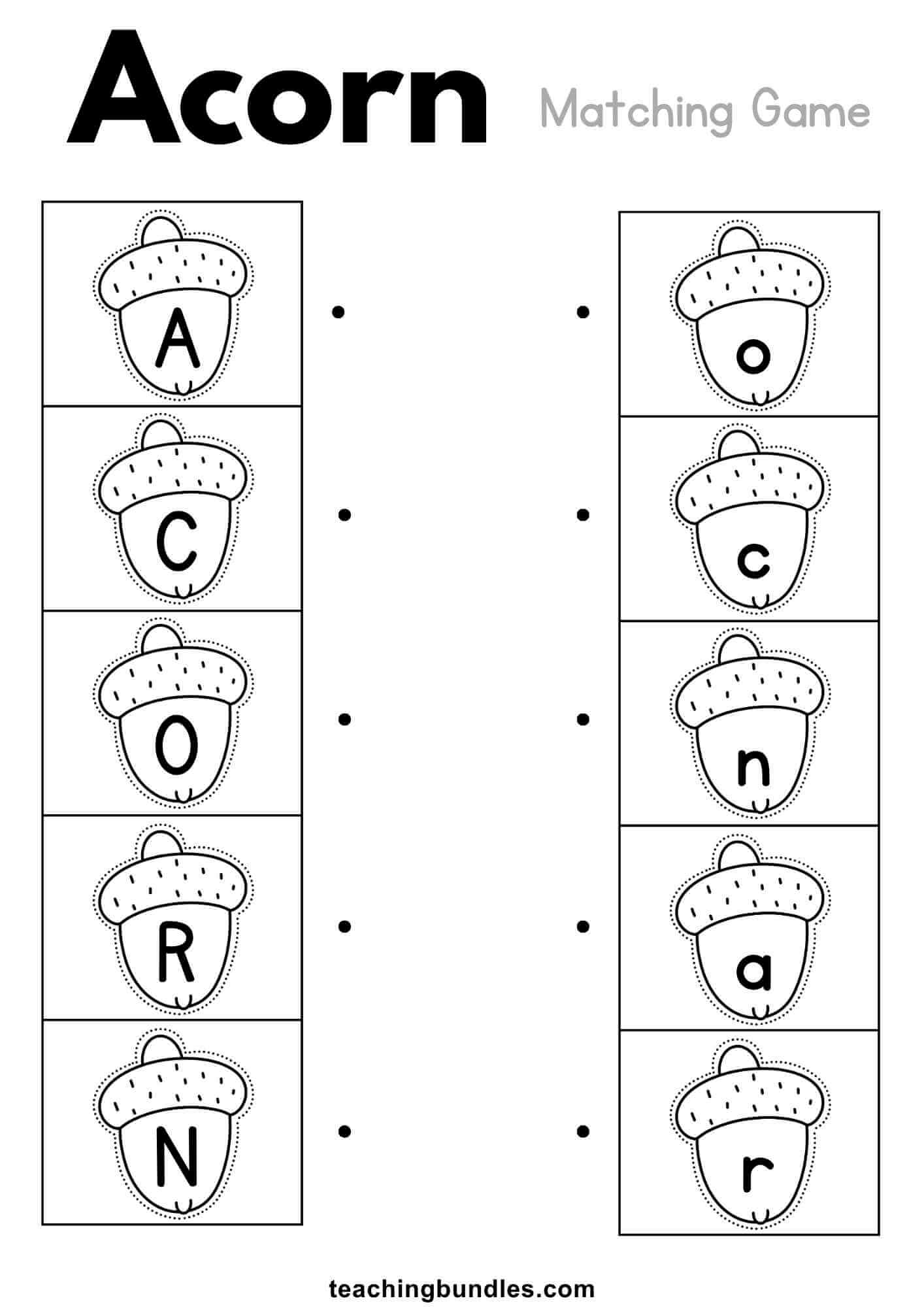 Acorn letter cut and match worksheet for preschoolers.