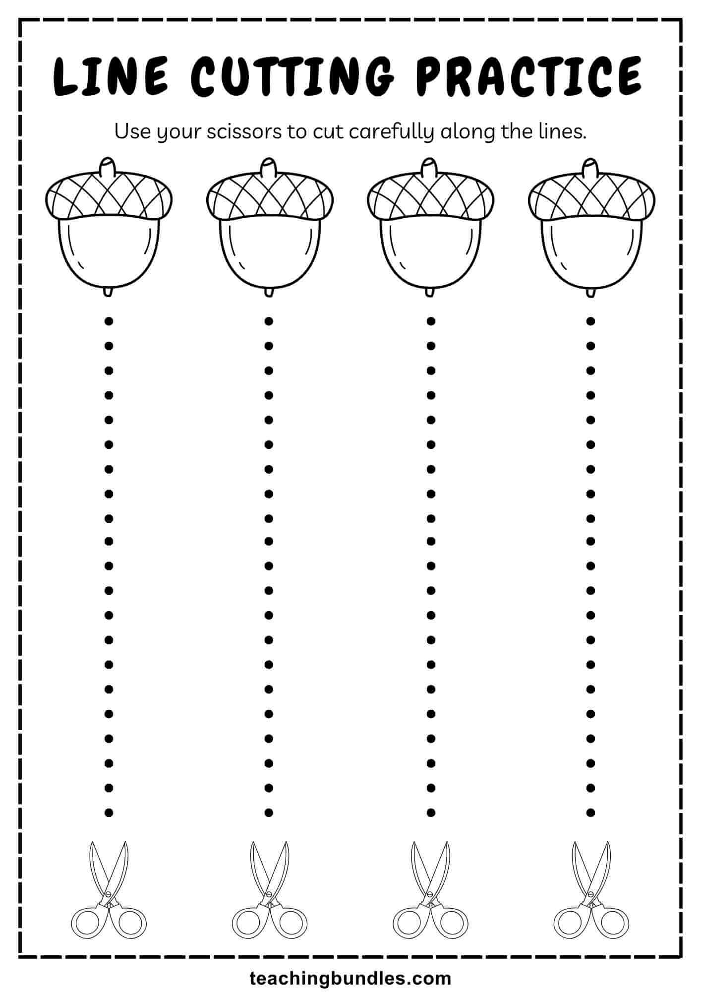 Acorn line cutting sheet for preschoolers.
