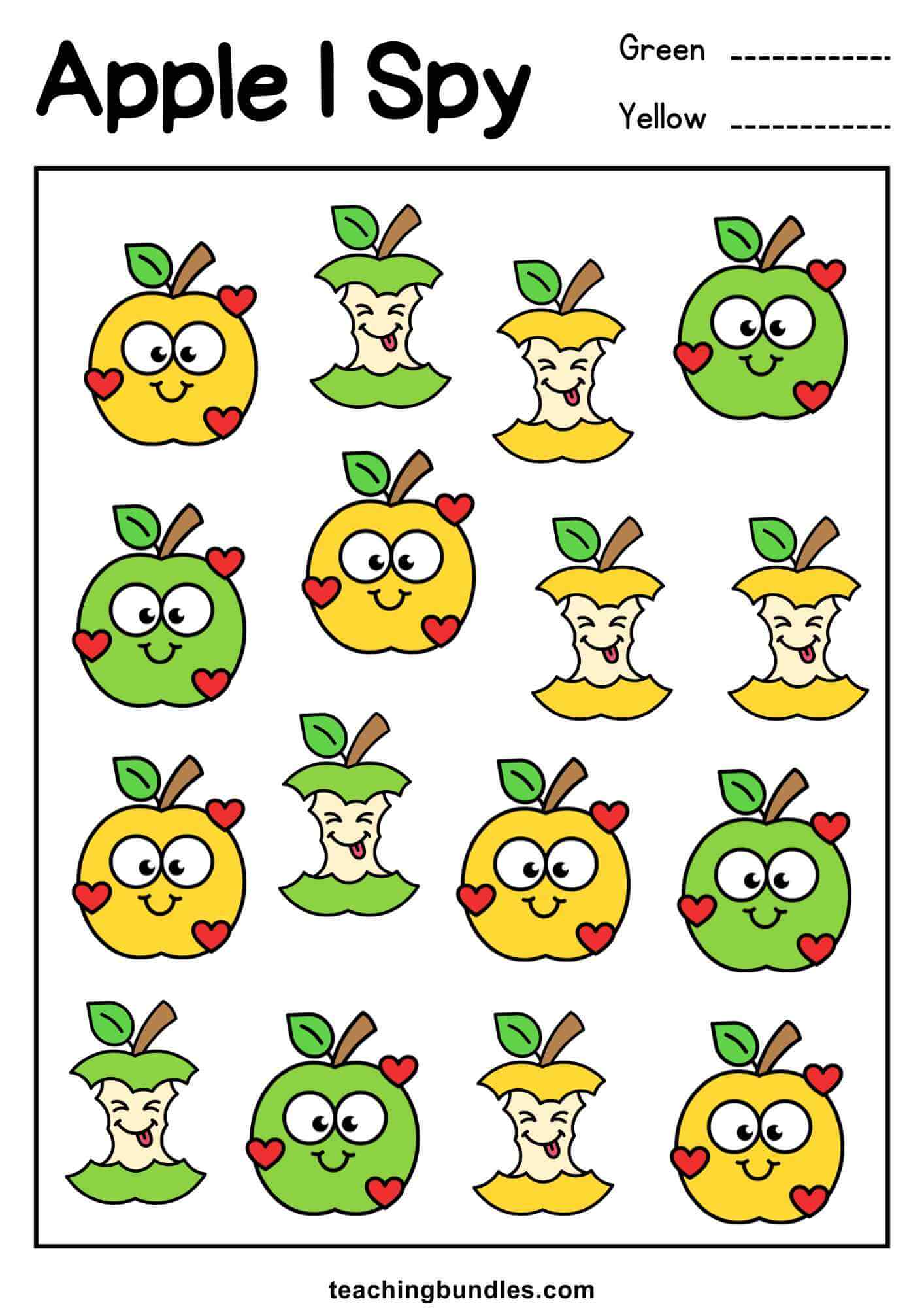 Preschool I spy worksheet apple theme.