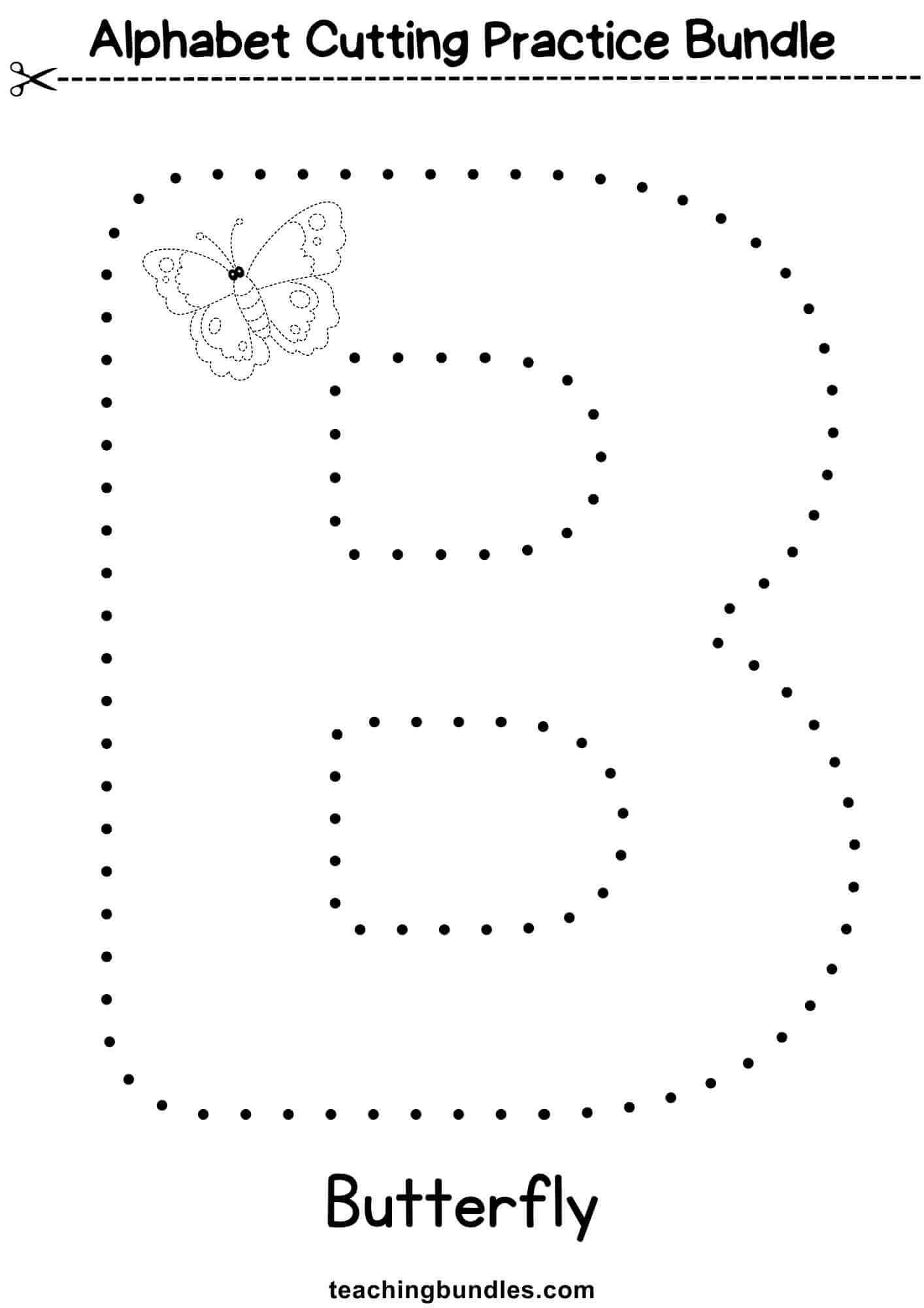 Cutting practice sheet with letter B and butterfly.