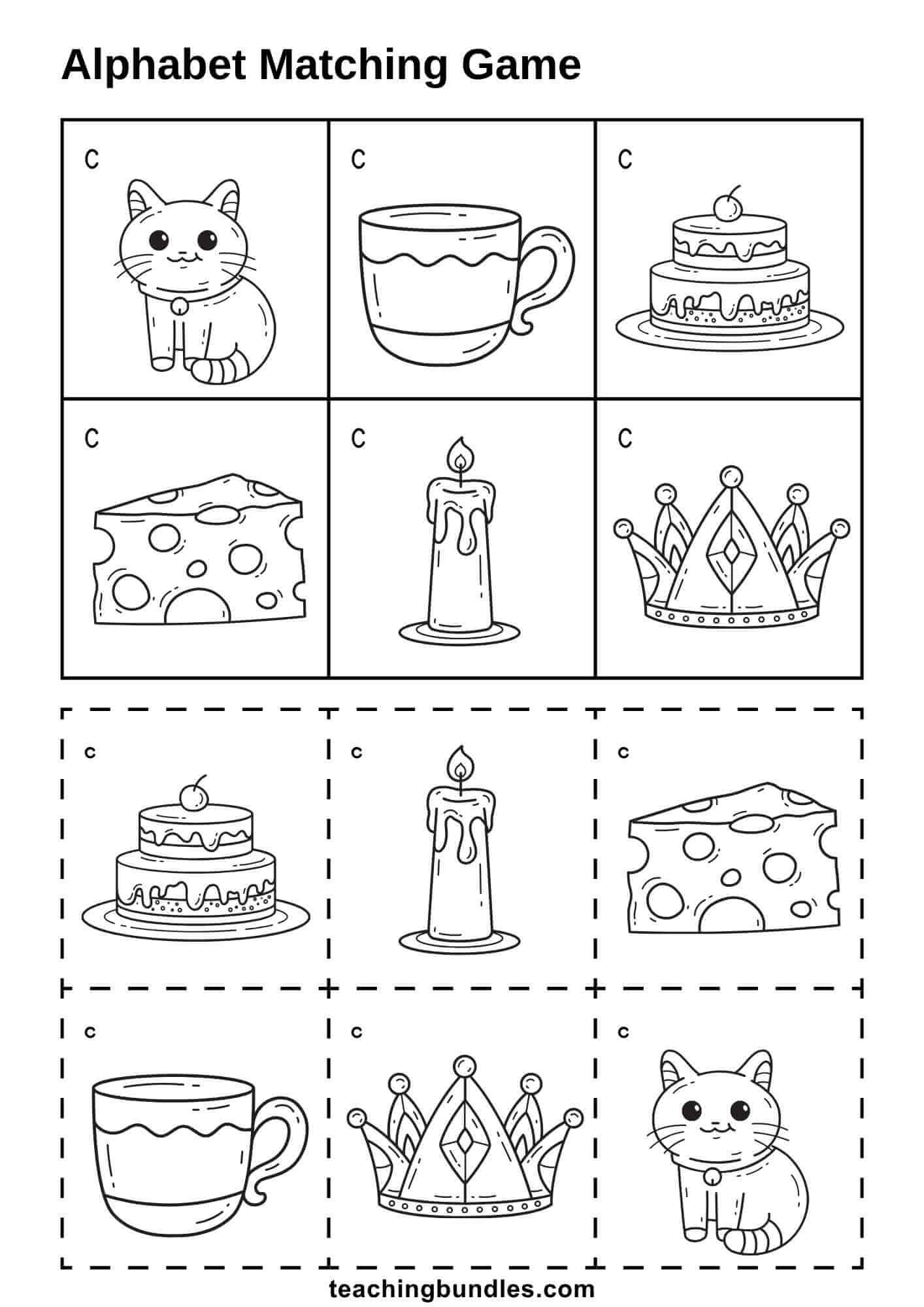 Letter C worksheet with matching pictures.
