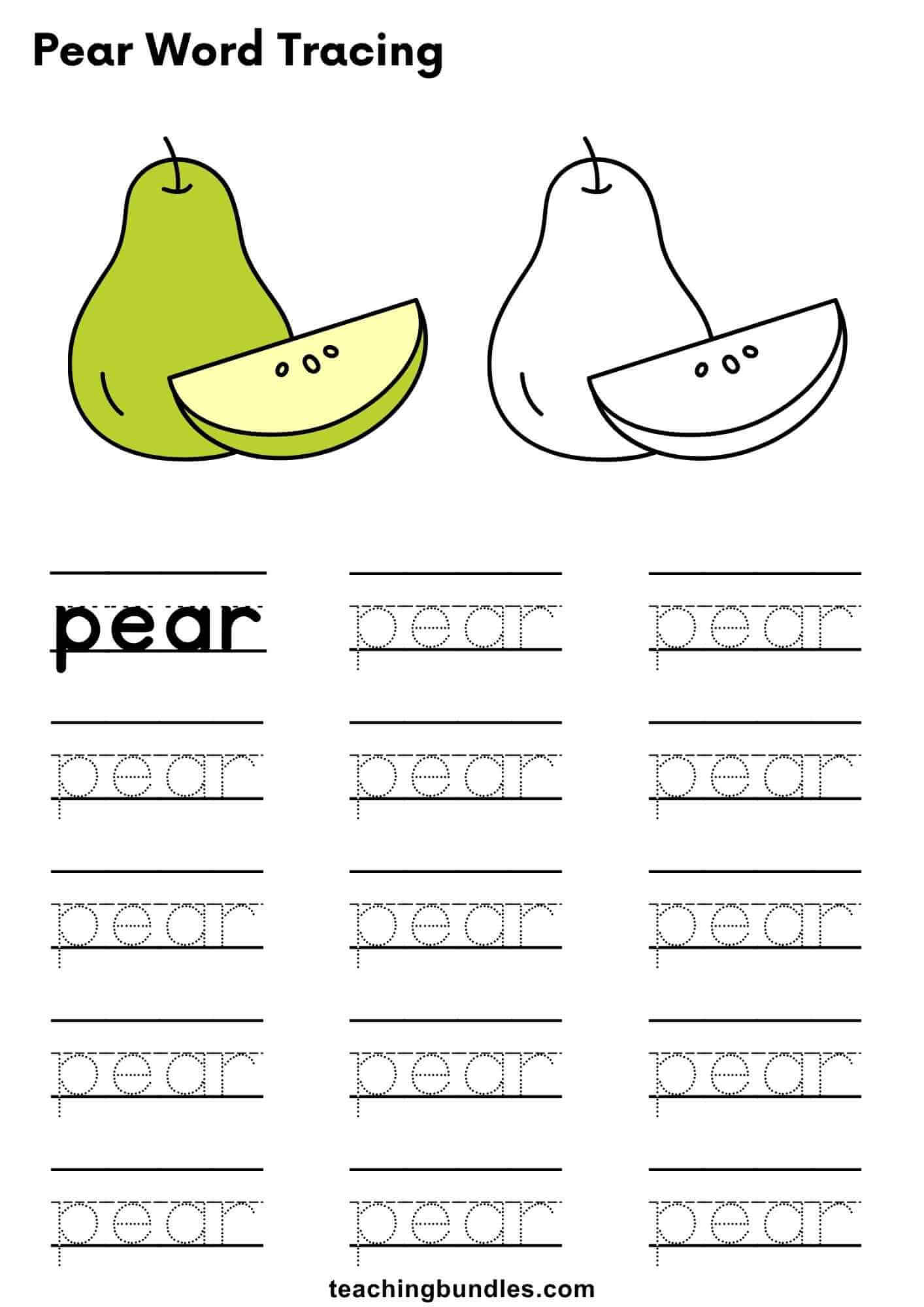 Pear Word Coloring and Tracing Sheet