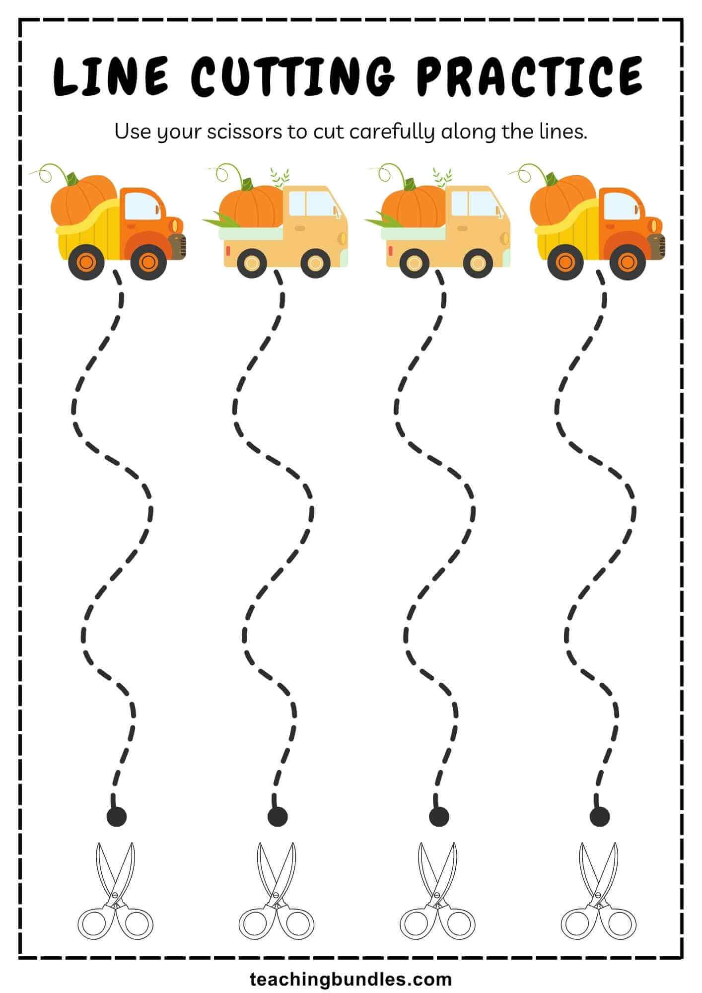 Preschool line cutting pumpkin themed worksheet