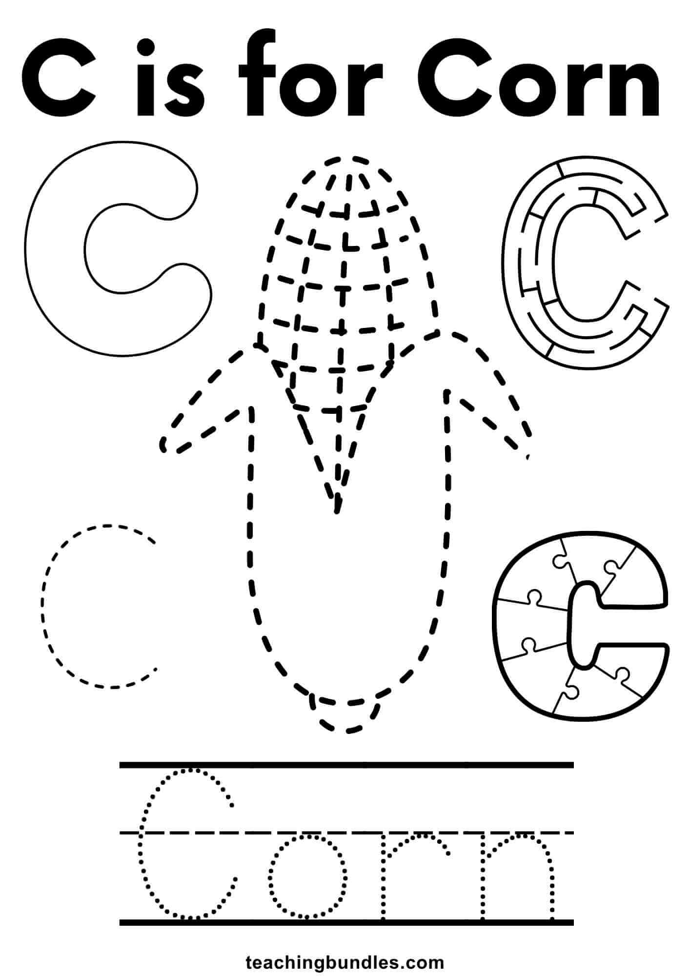 Corn tracing coloring worksheets for preschool