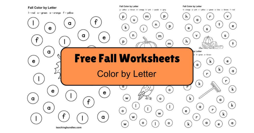 Fall Season Color by Letter Free Worksheets for Kids