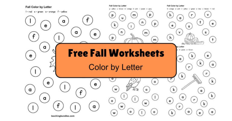 Fall Season Color by Letter Free Worksheets for Kids