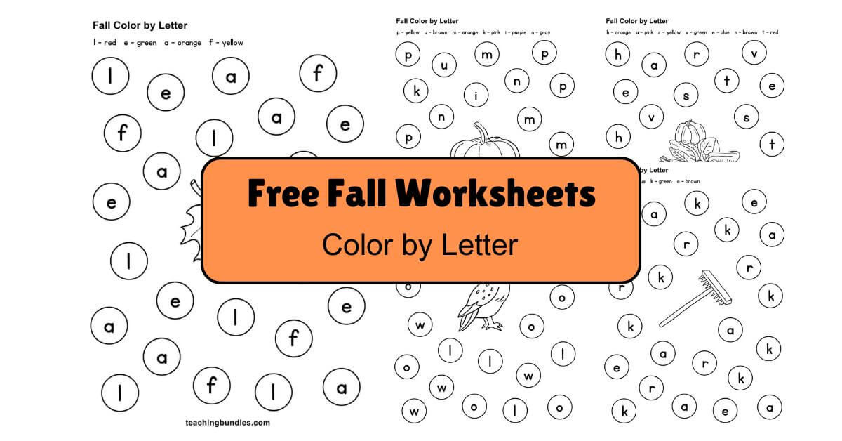 Fall Season Color by Letter Free Worksheets for Kids