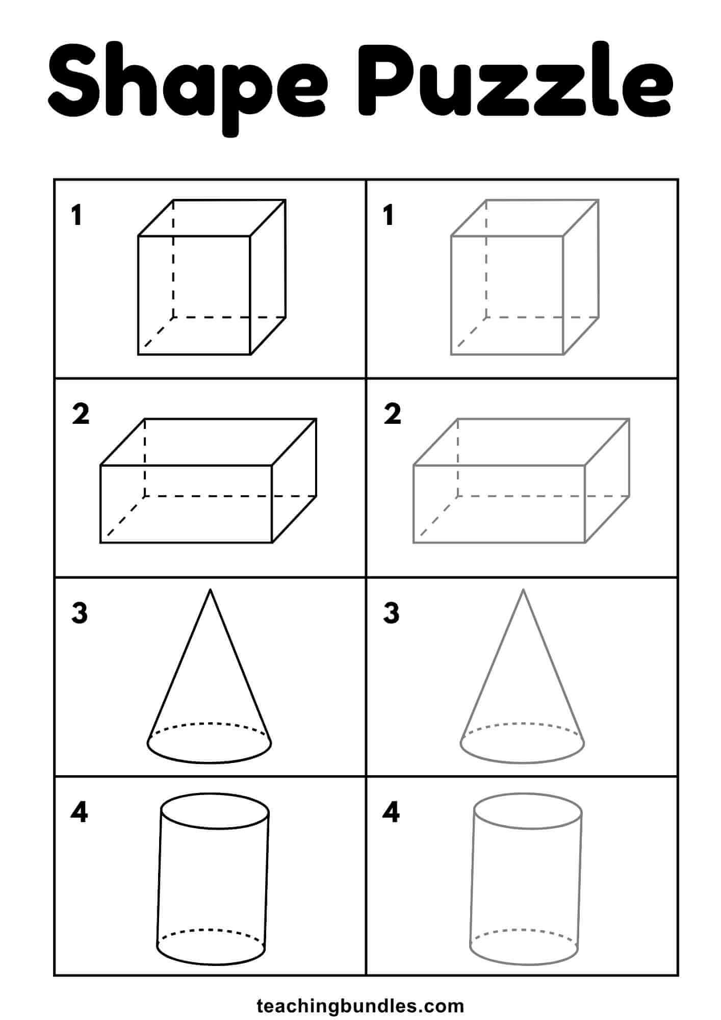 Puzzle matching cubes, prisms, cones, and cylinders.