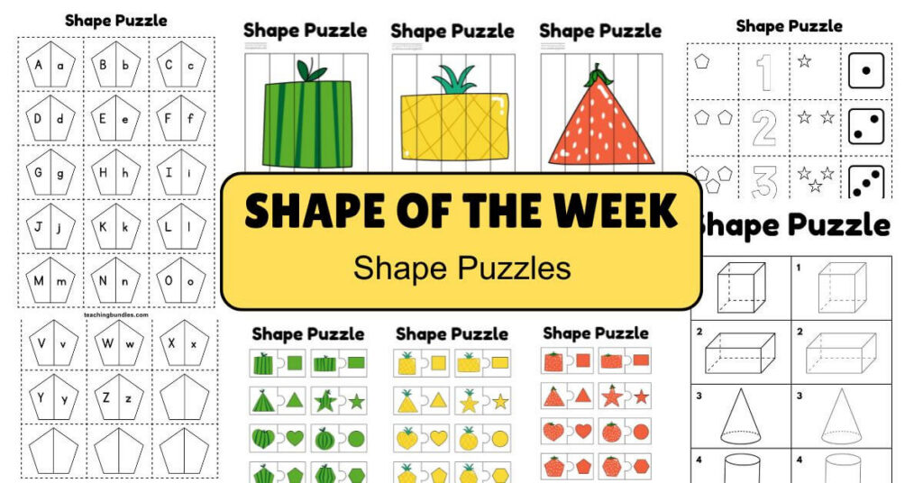 Shape puzzle worksheet with fruit-themed and geometric matching activities.