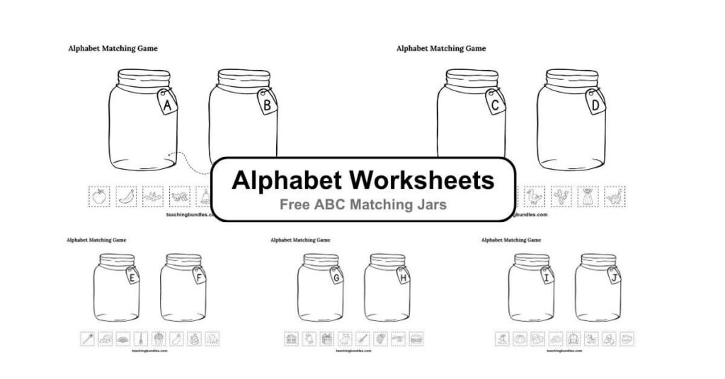 Free alphabet jars literacy worksheets covering all letters for object matching.