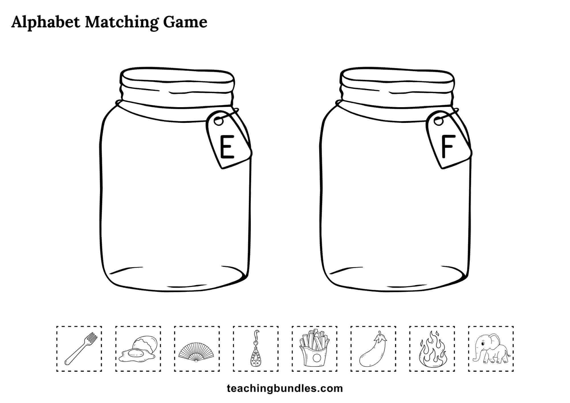 Alphabet jars worksheet with letters E and F for matching objects.