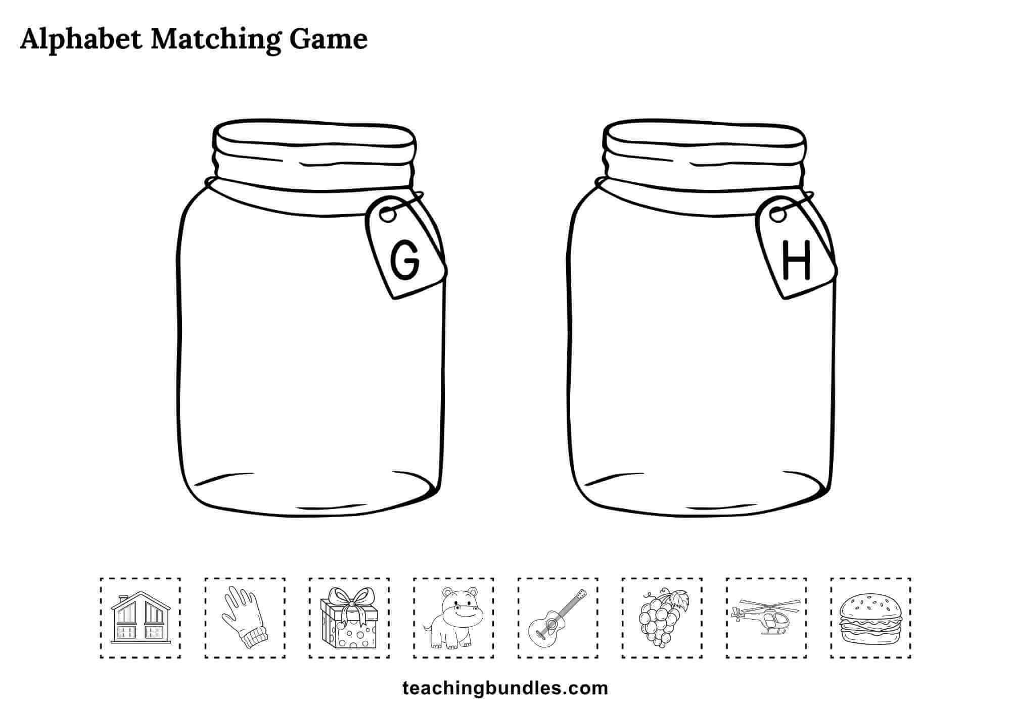 Alphabet jars worksheet with letters G and H for matching objects.