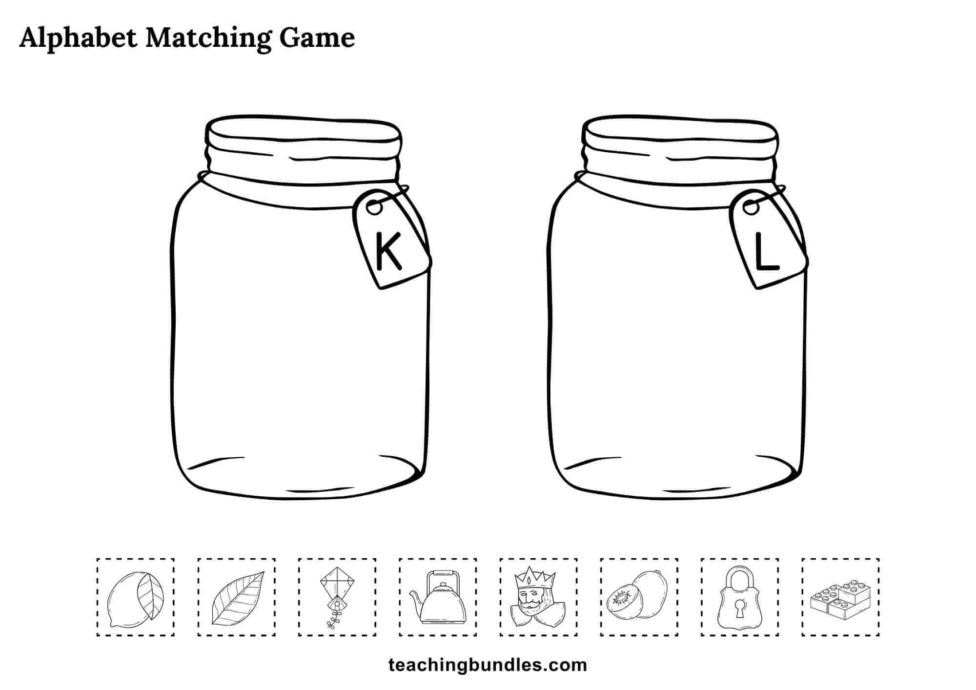 Alphabet jars worksheet with letters K and L for matching objects.