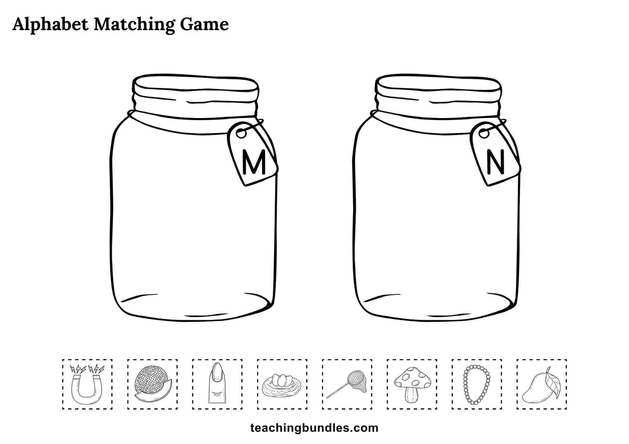 Alphabet jars worksheet with letters M and N for matching objects.