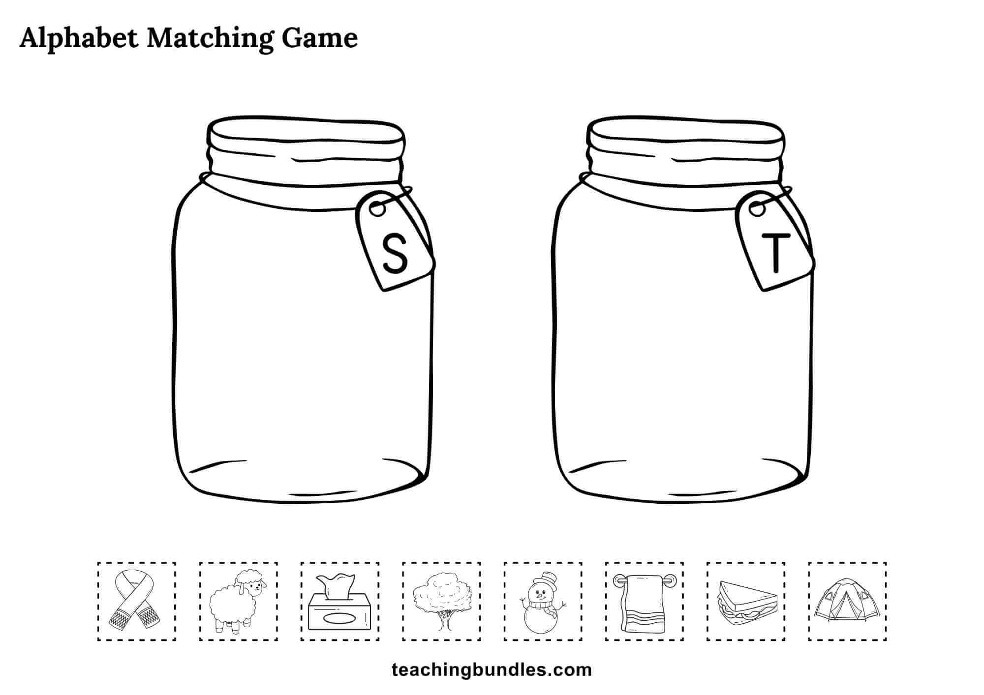 Alphabet jars worksheet with letters S and T for matching objects.