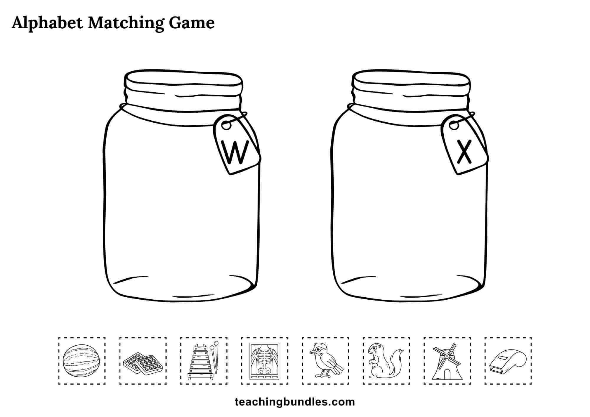 Alphabet jars worksheet with letters W and X for matching objects.