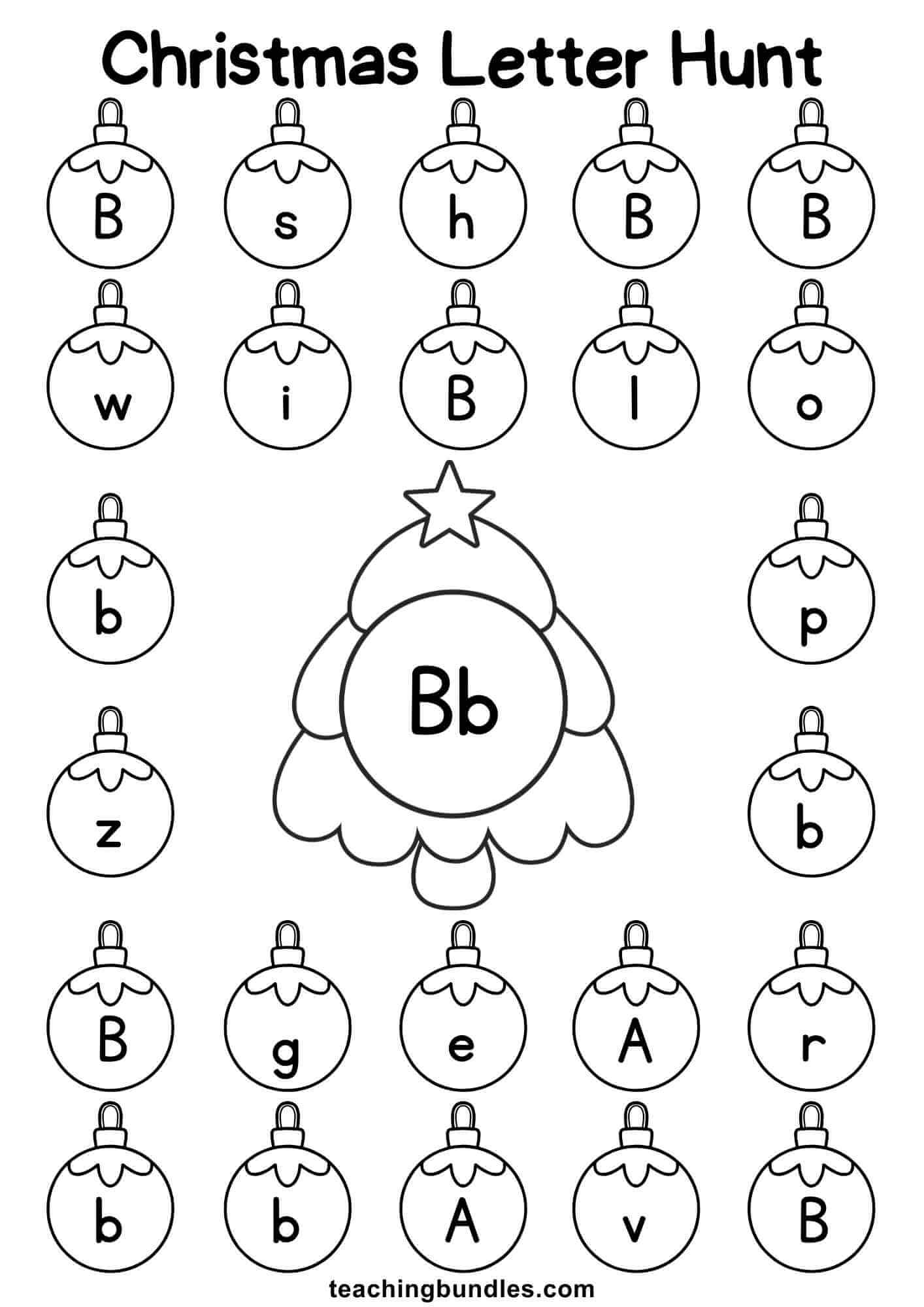 Christmas tree worksheet for letter B hunt.