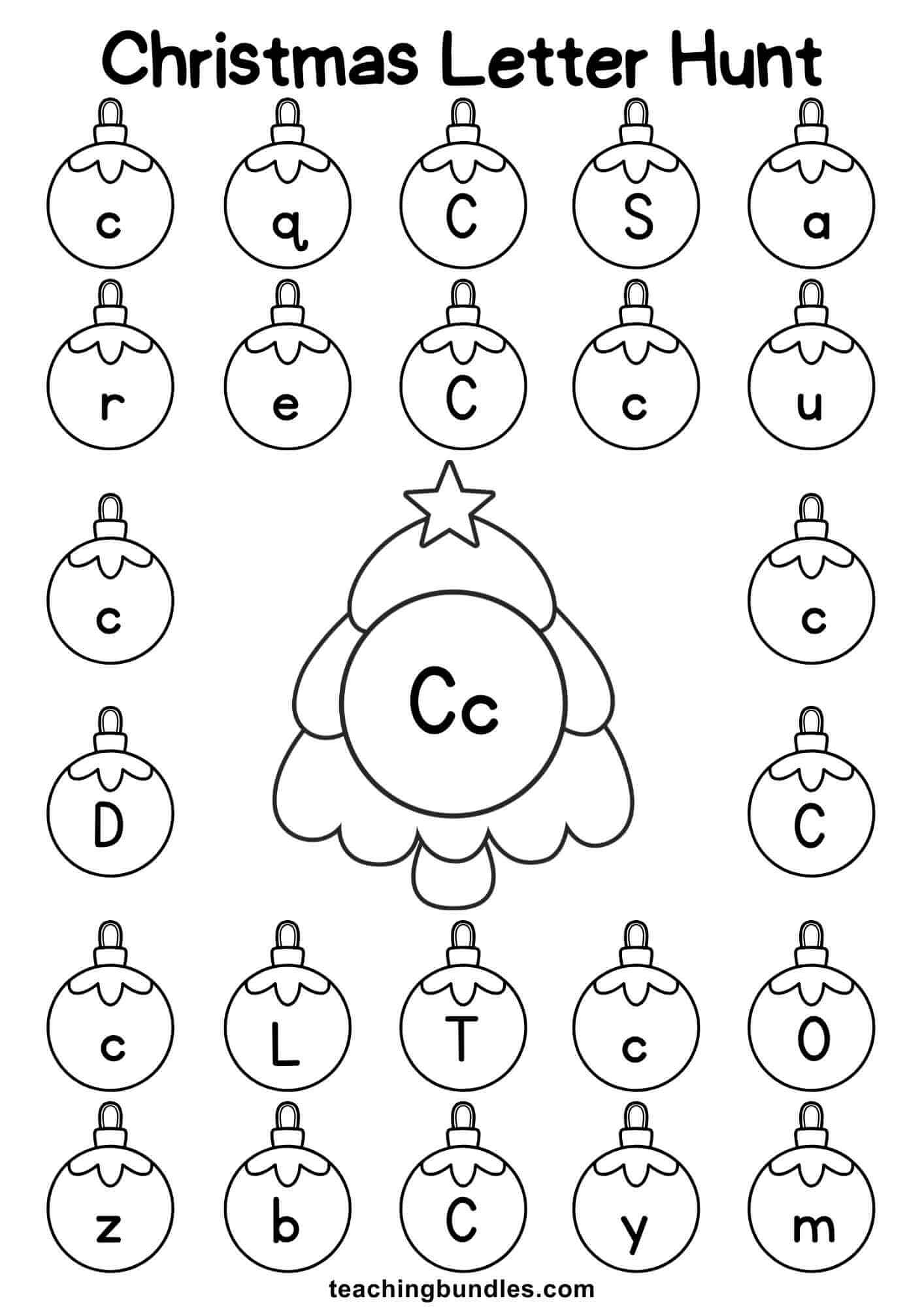 Christmas tree worksheet for letter C hunt.