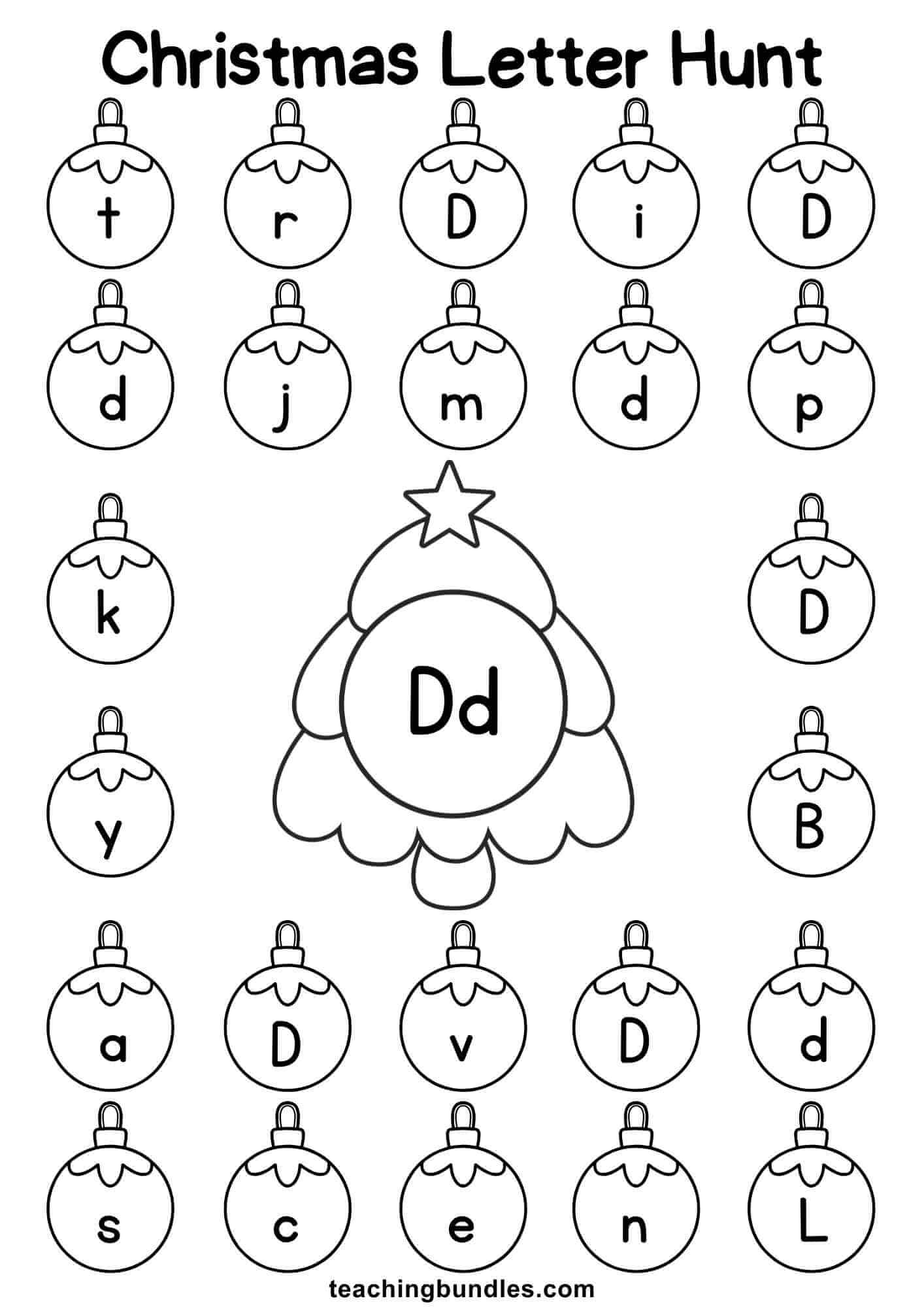 Christmas tree worksheet for letter D hunt.