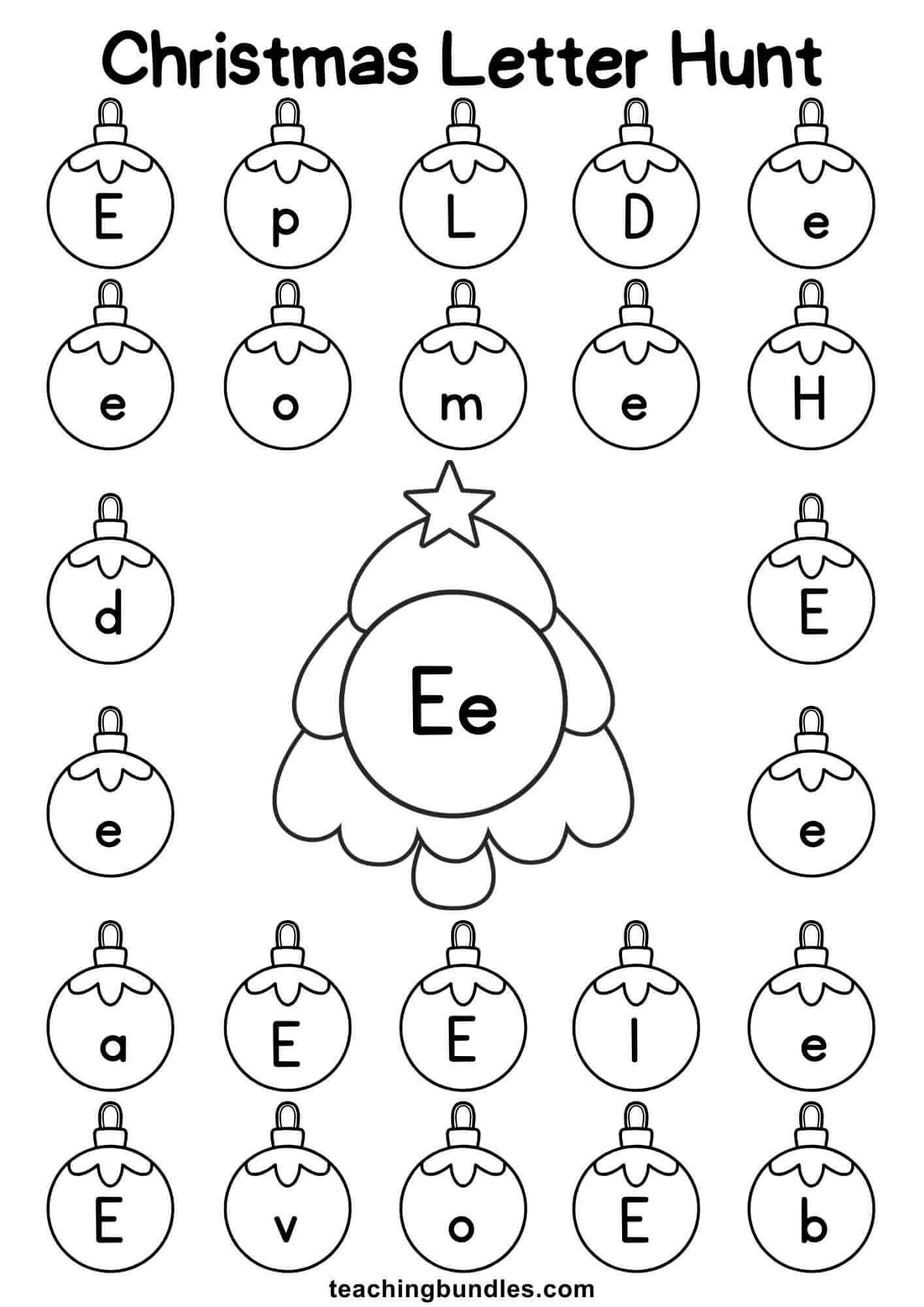 Christmas tree worksheet for letter E hunt.