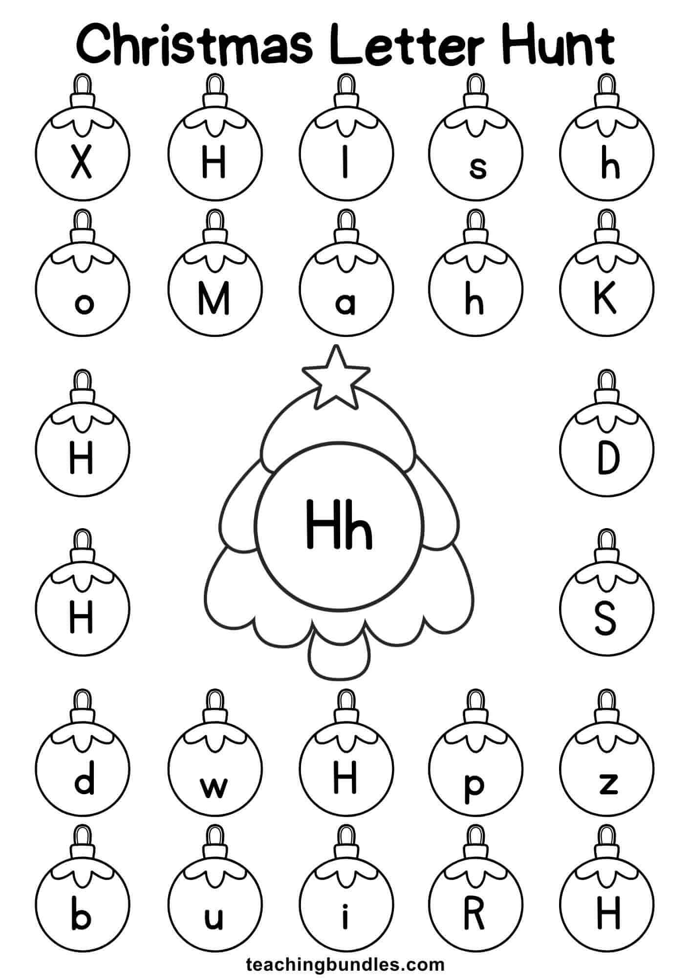 Christmas tree worksheet for letter H hunt.