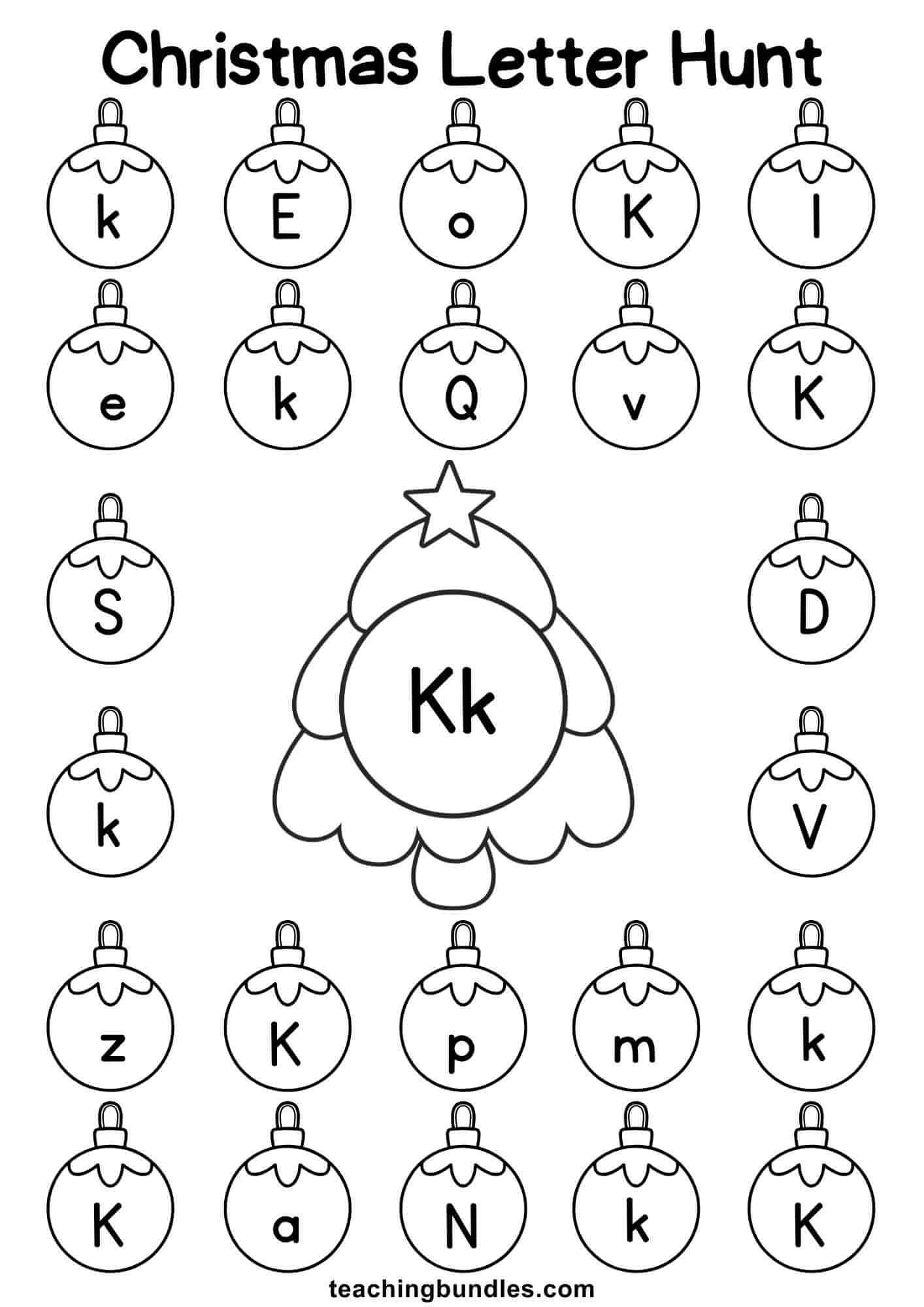 Christmas tree worksheet for letter K hunt.