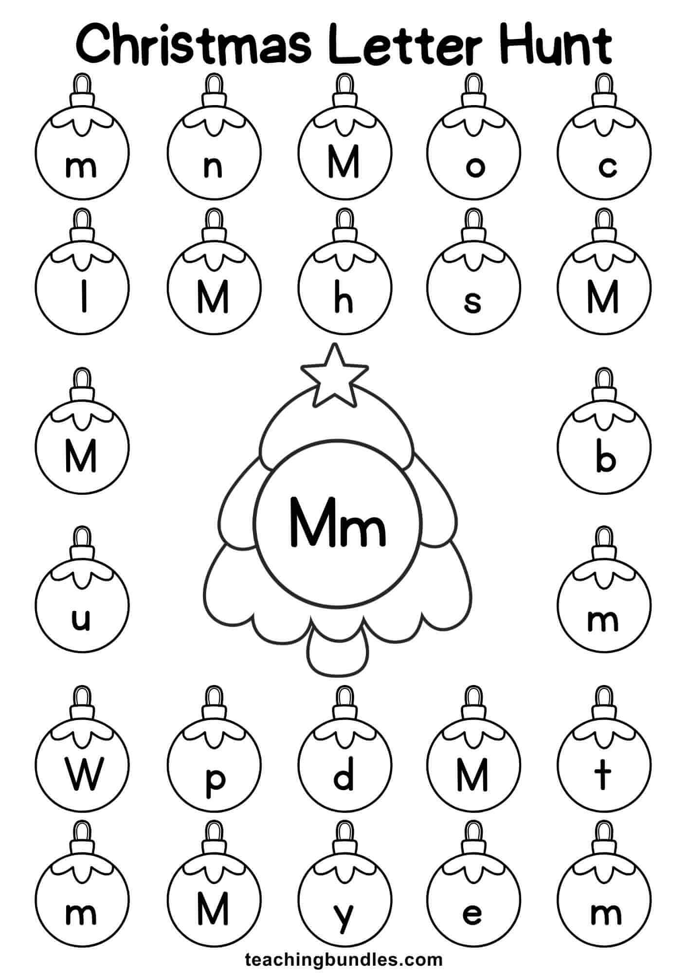 Christmas tree worksheet for letter M hunt.