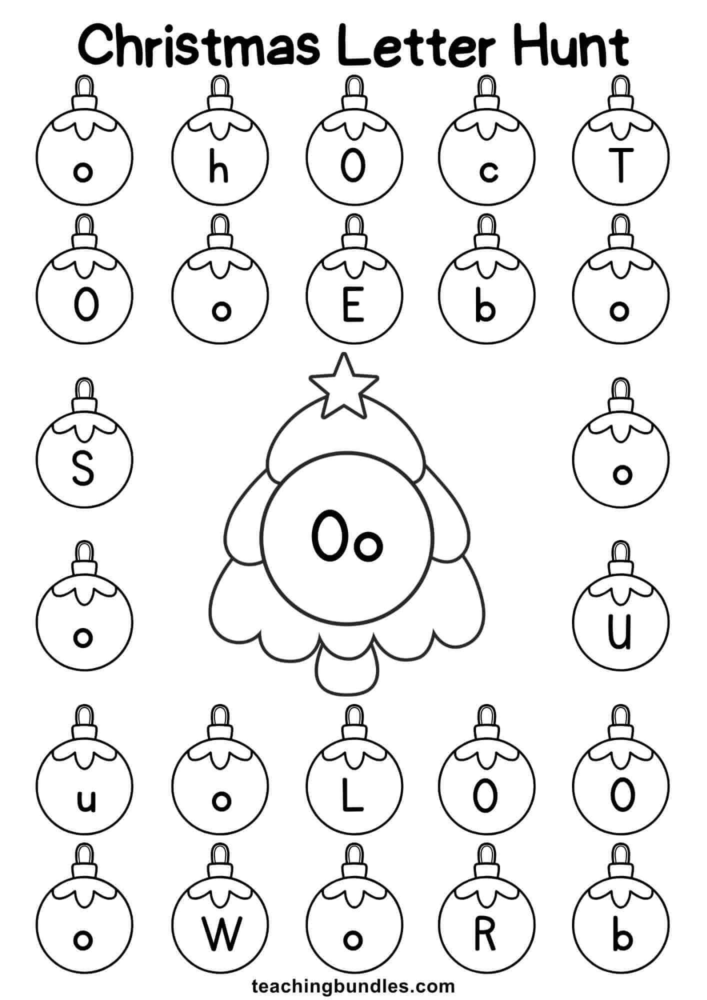 Christmas tree worksheet for letter O hunt.