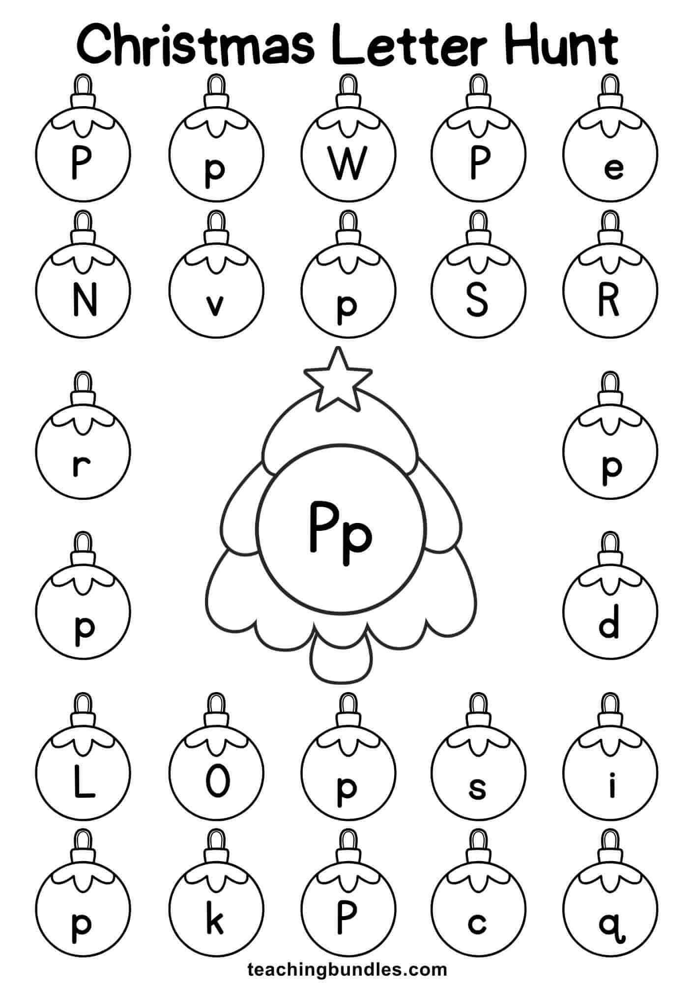 Christmas tree worksheet for letter P hunt.