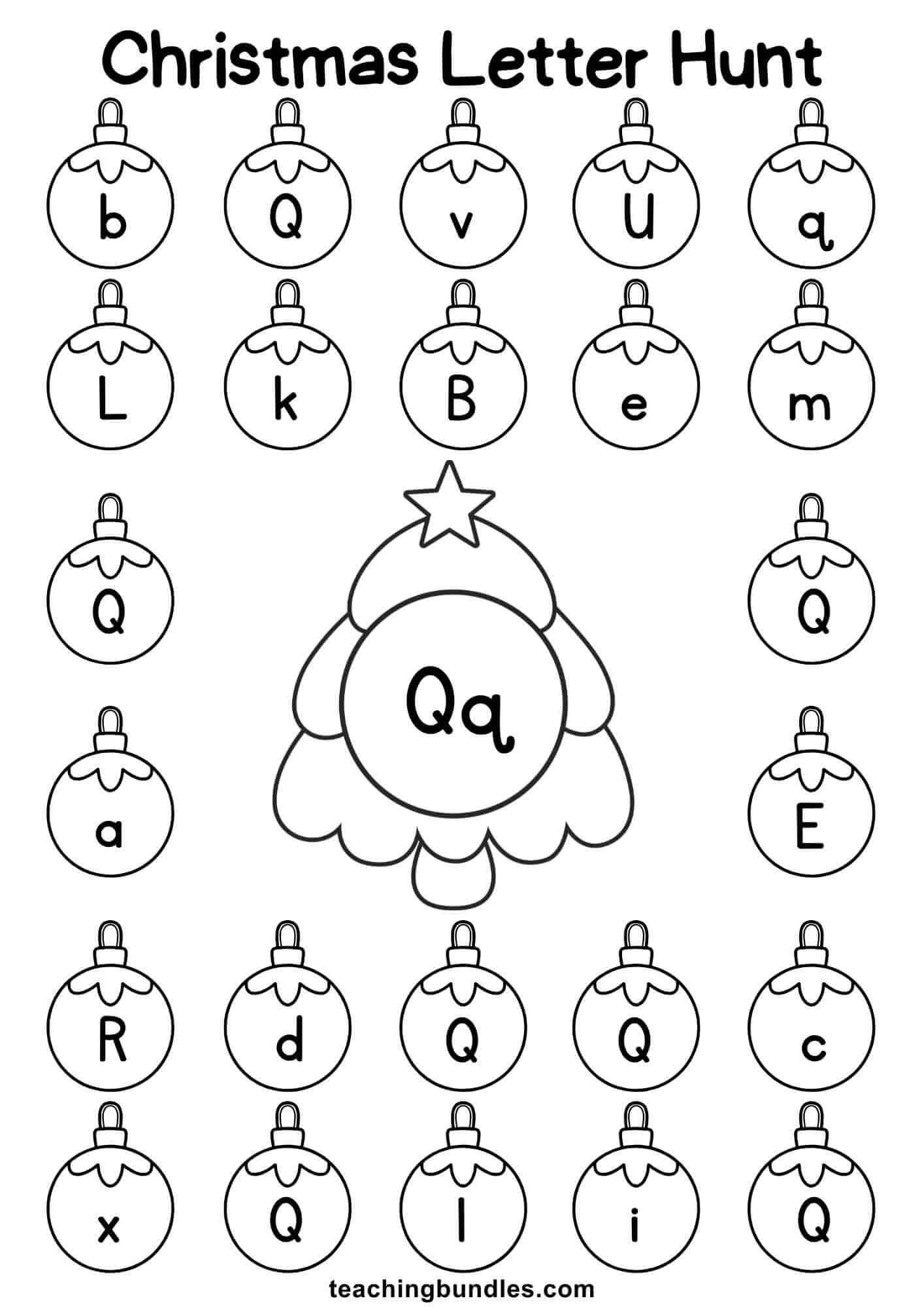 Christmas tree worksheet for letter Q hunt.