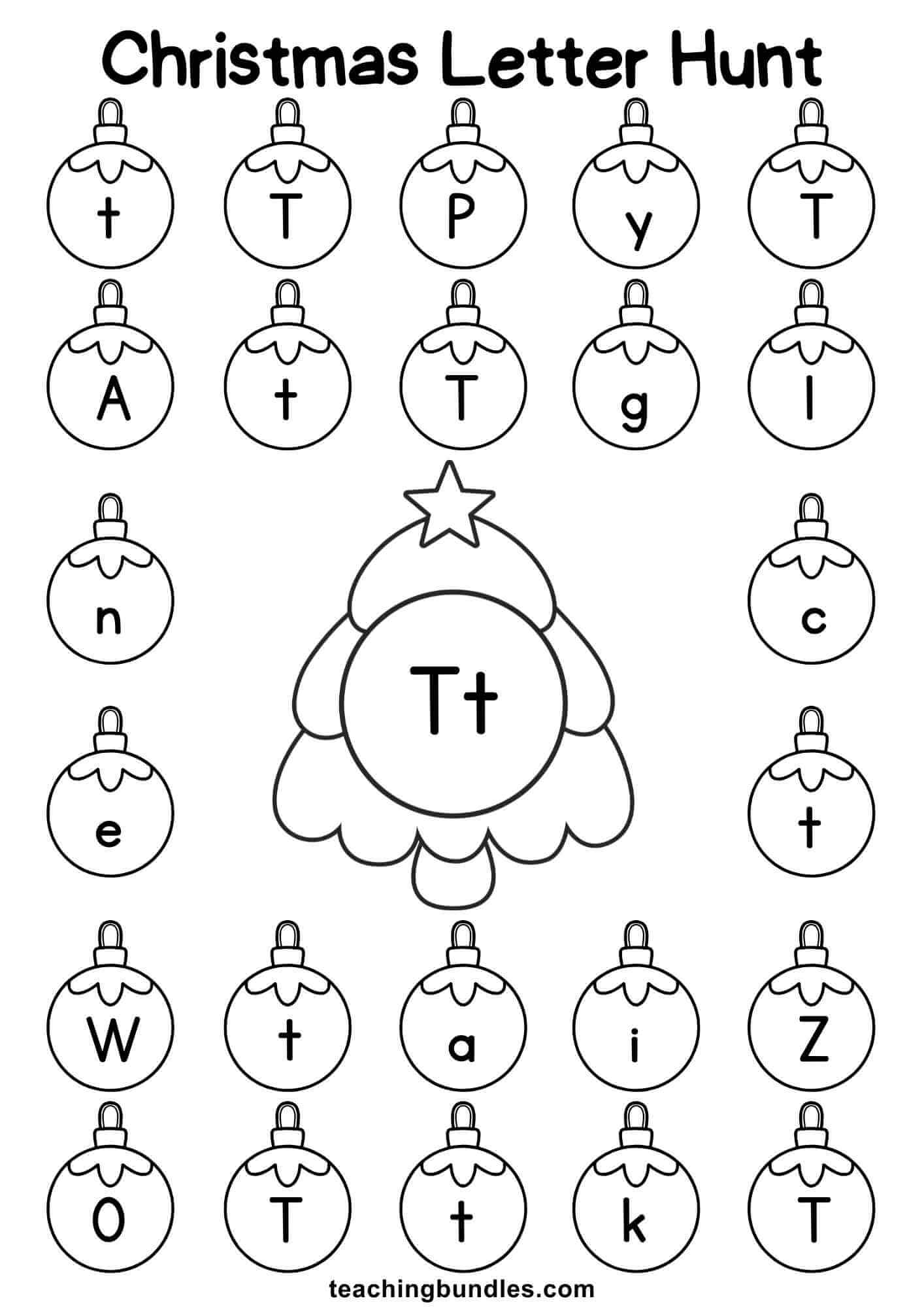 Christmas tree worksheet for letter T hunt.