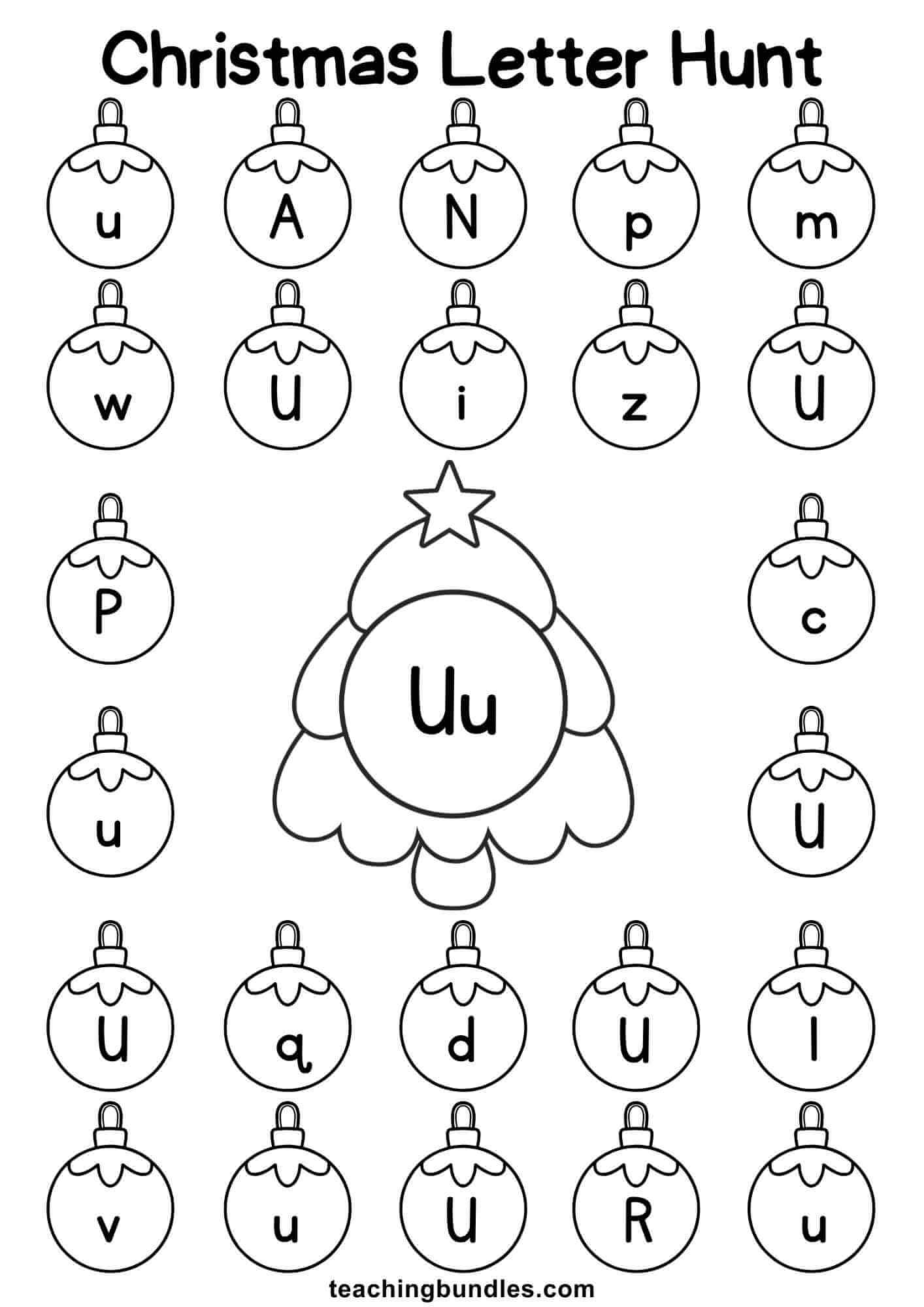 Christmas tree worksheet for letter U hunt.