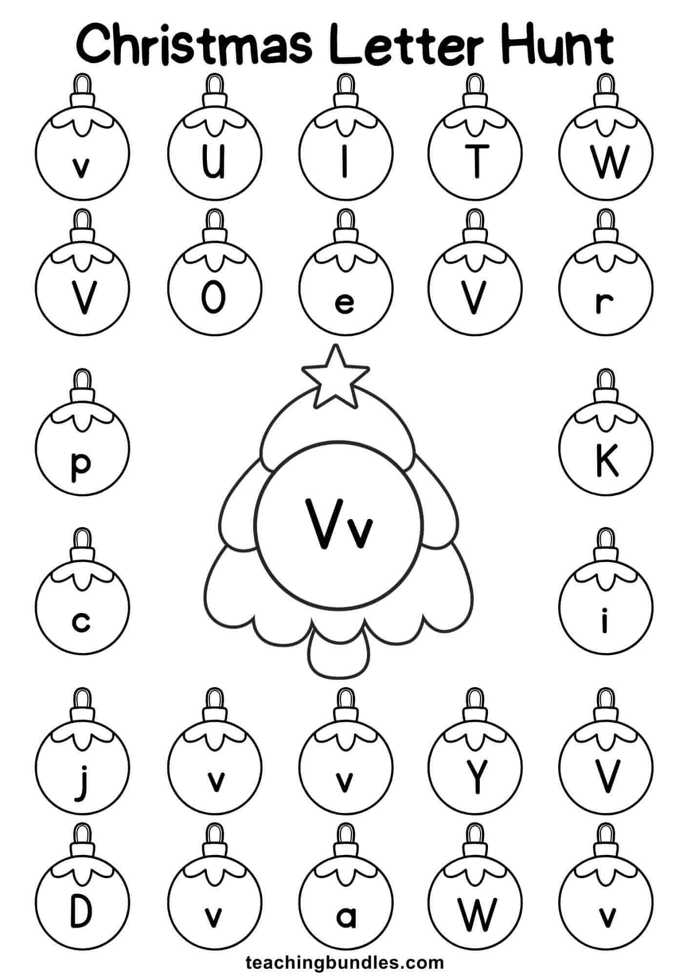Christmas tree worksheet for letter V hunt.