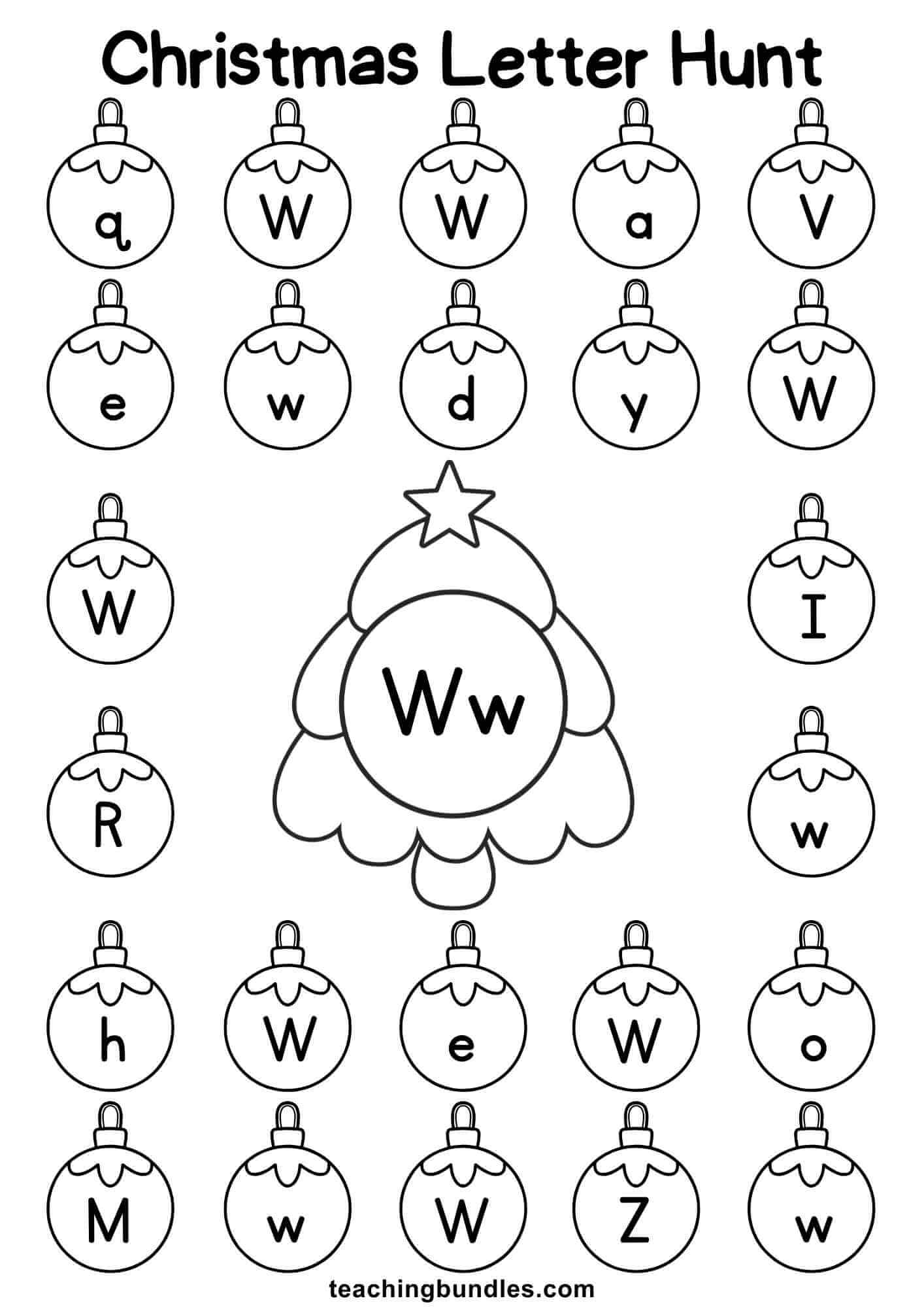 Christmas tree worksheet for letter W hunt.