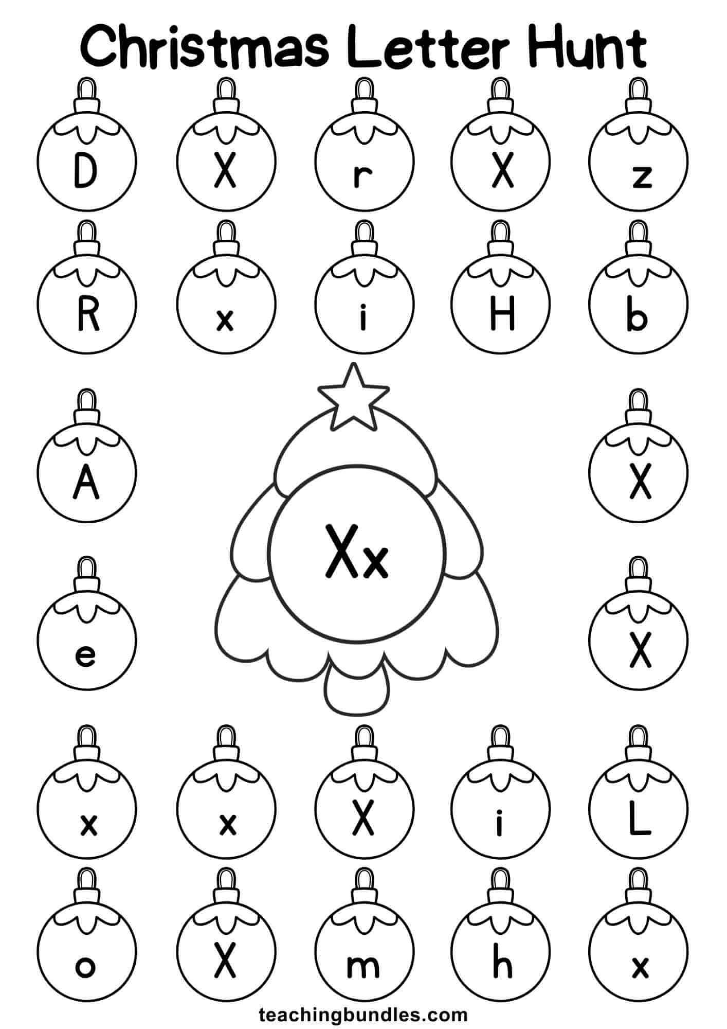 Christmas tree worksheet for letter X hunt.