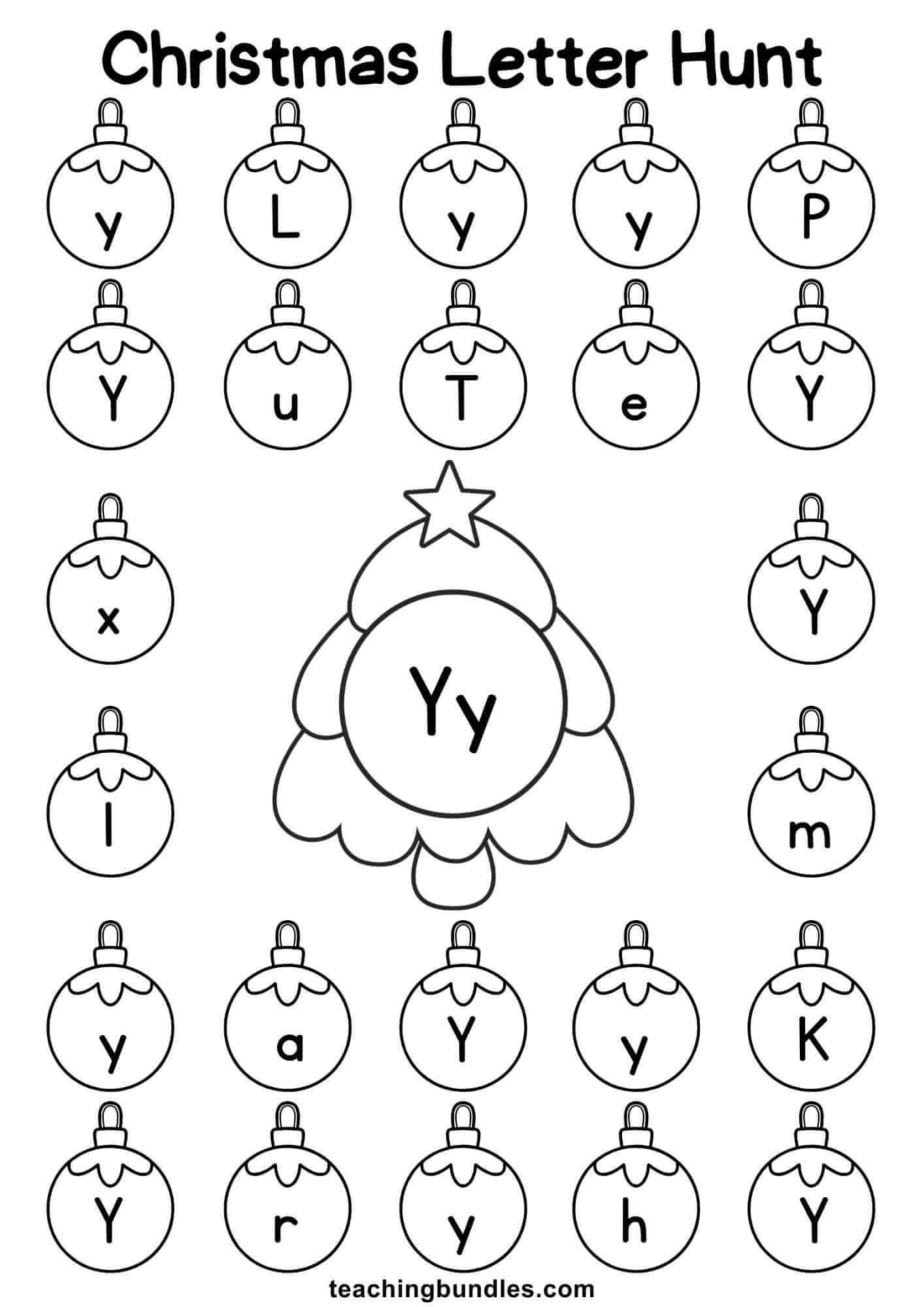 Christmas tree worksheet for letter Y hunt.