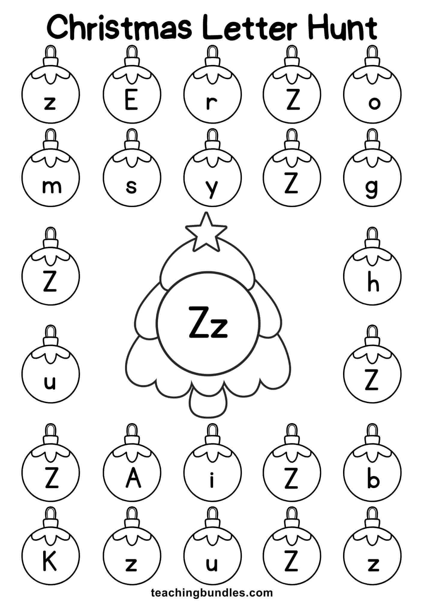 Christmas tree worksheet for letter Z hunt.