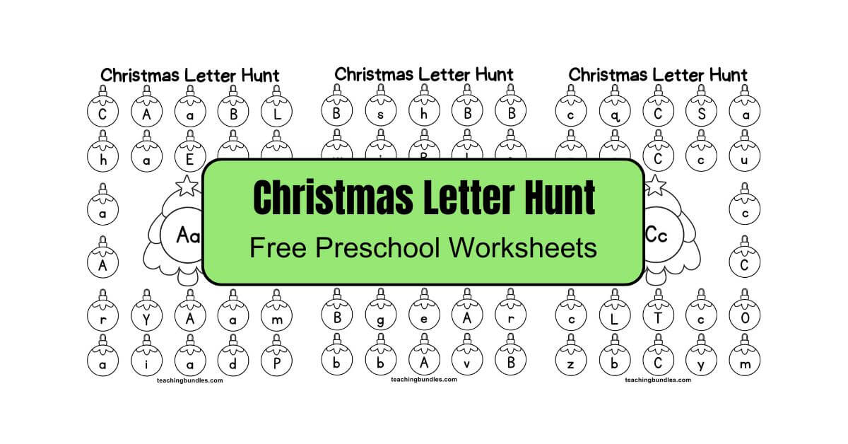 Christmas alphabet hunt worksheet with tree and ornament.