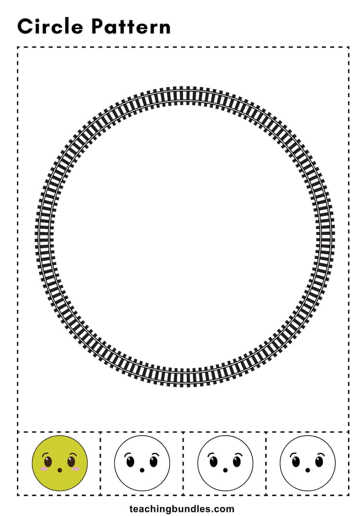 Circle pattern poster with train-track design and faces.