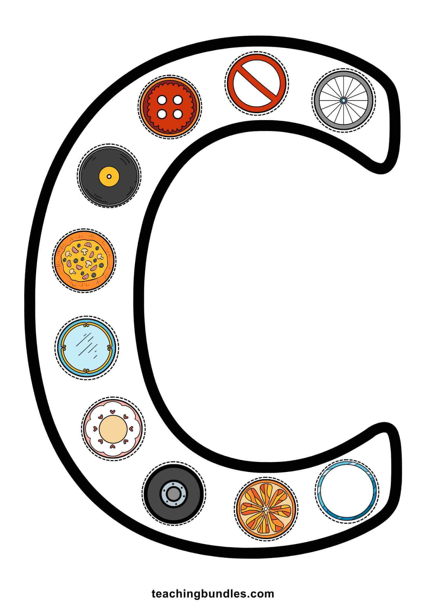 Letter C filled with circular objects.