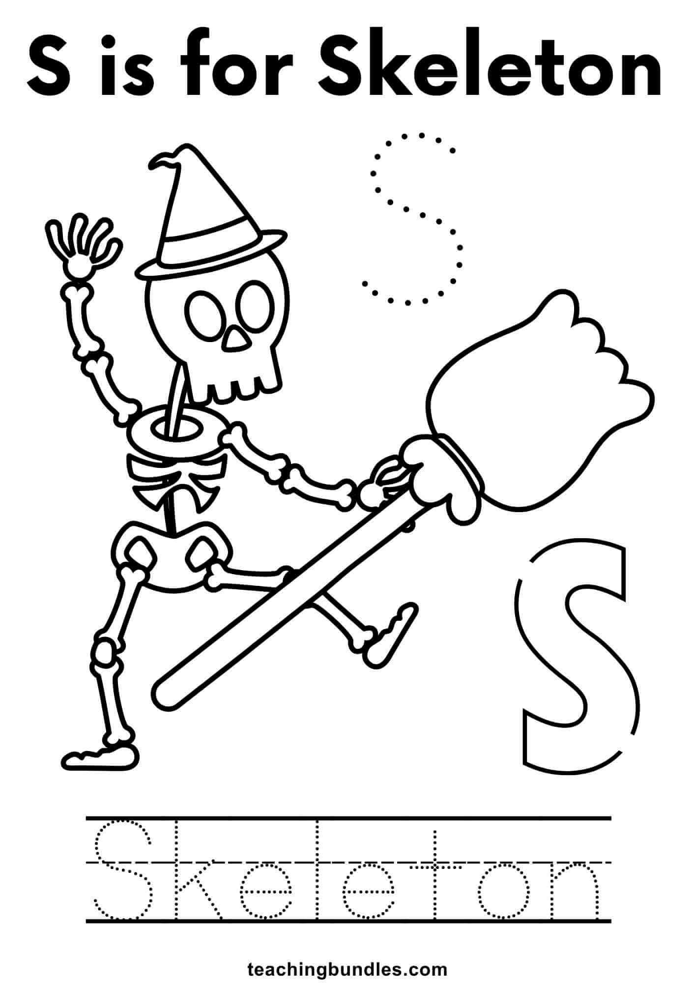 Preschool skeleton worksheet with letter S tracing and coloring activity.