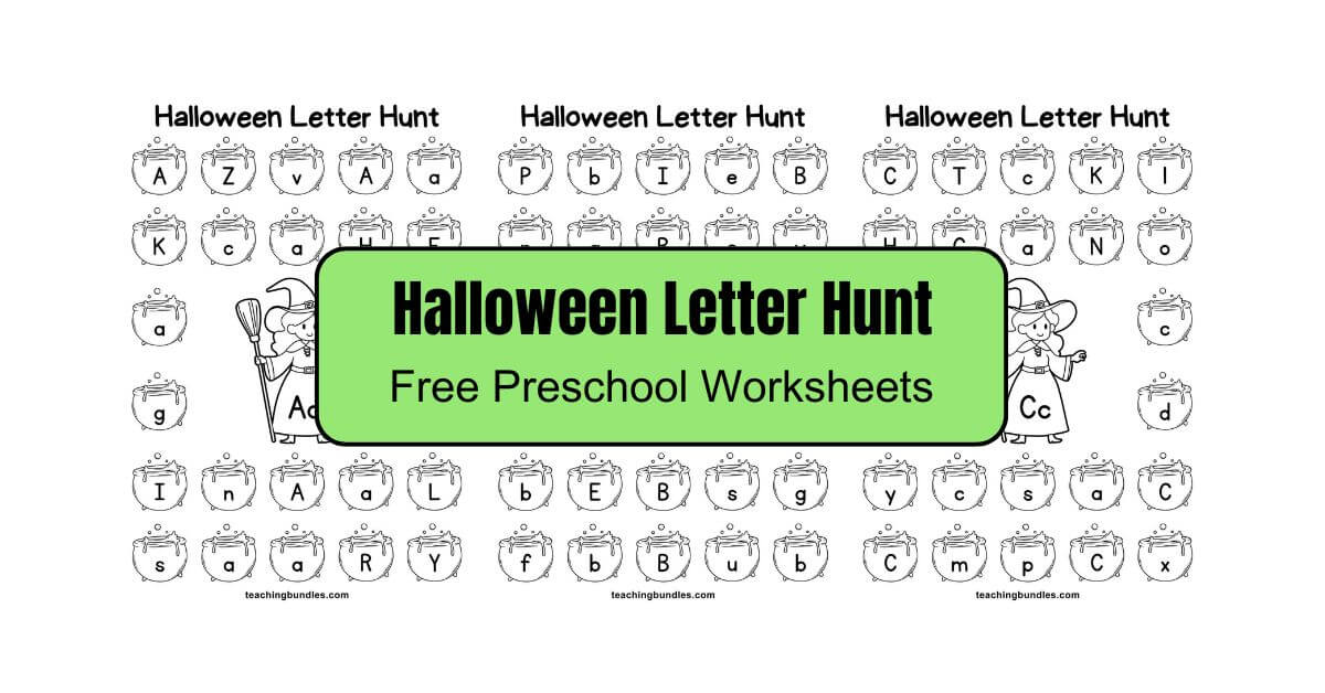 Halloween alphabet hunt worksheet with witch and cauldron.