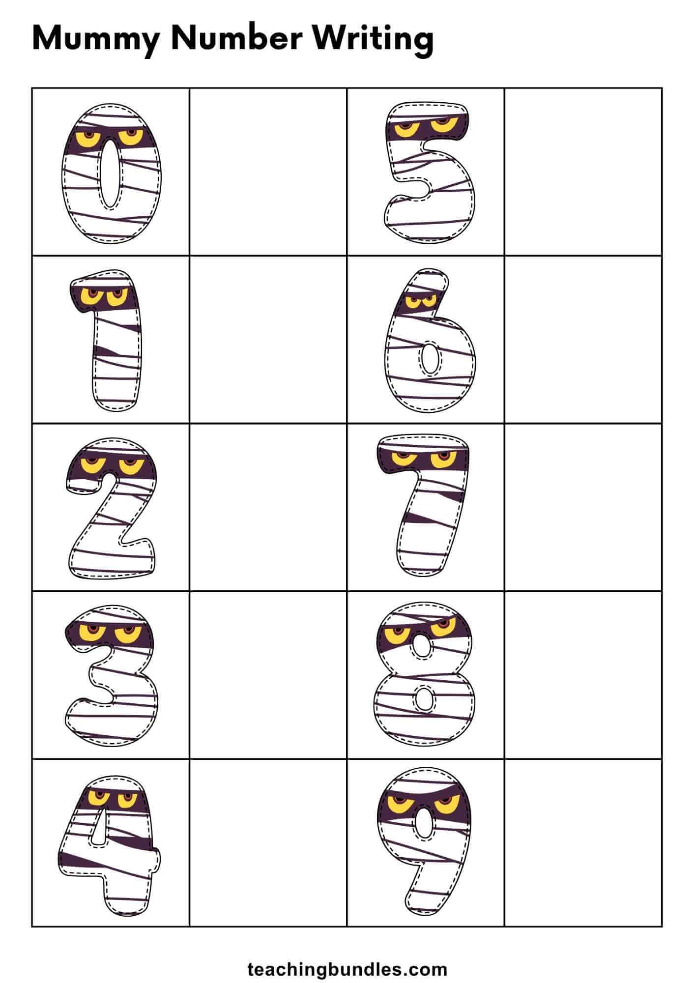 Mummy number writing worksheet for preschool kids.