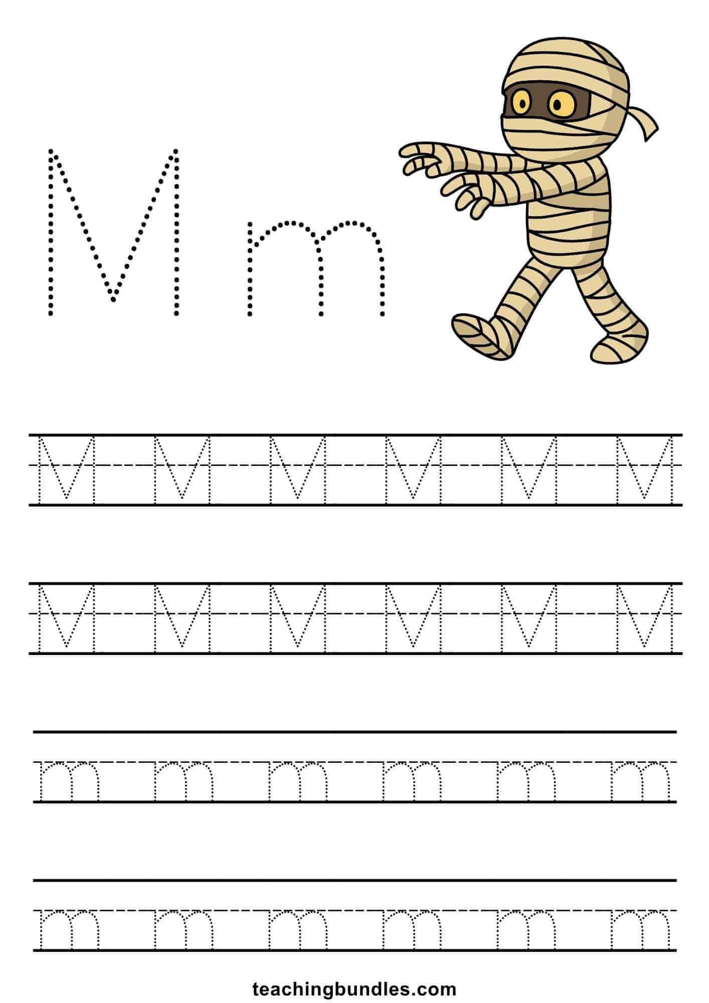Letter M tracing worksheet with mummy illustration.