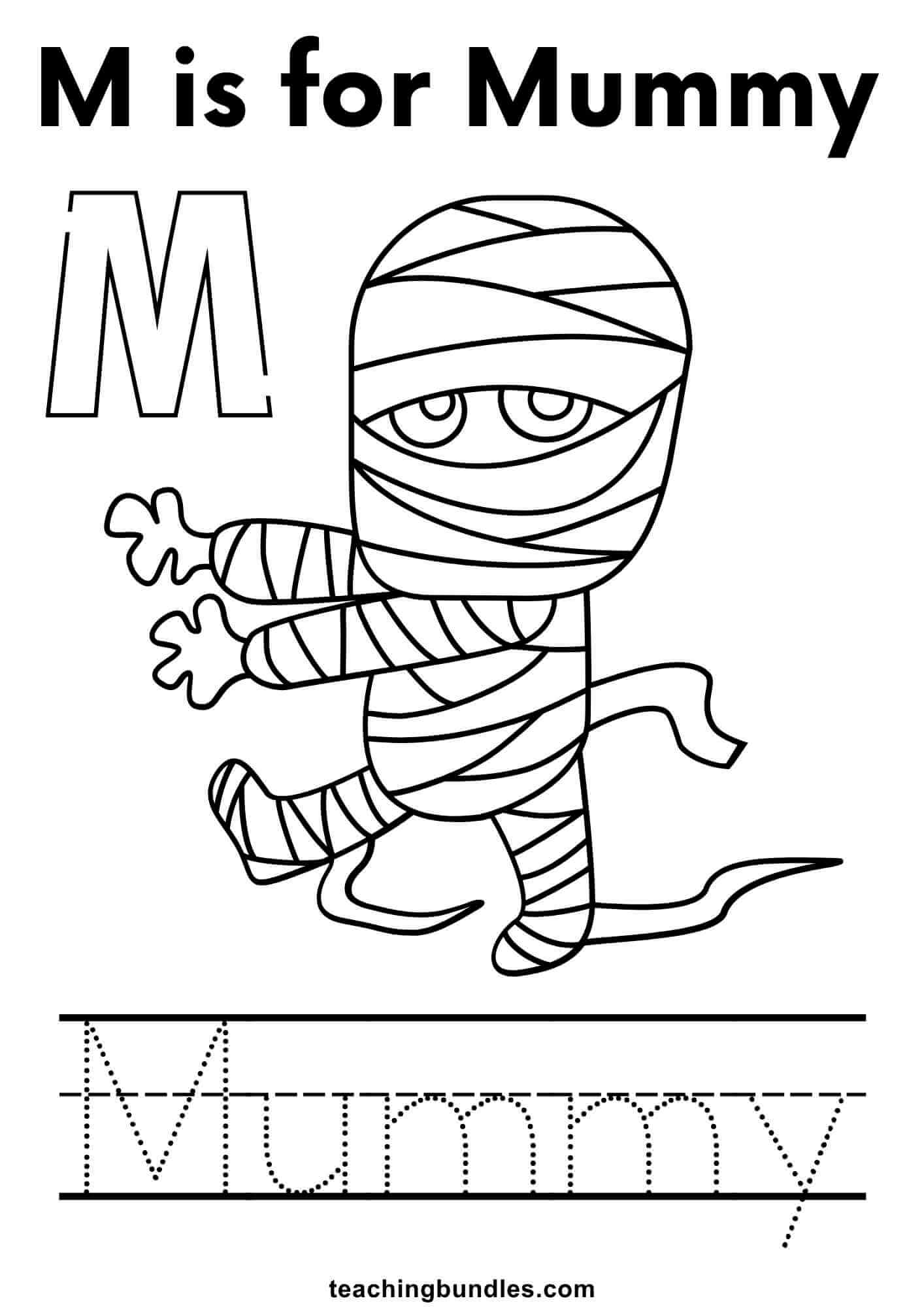 M is for Mummy coloring and tracing worksheet.